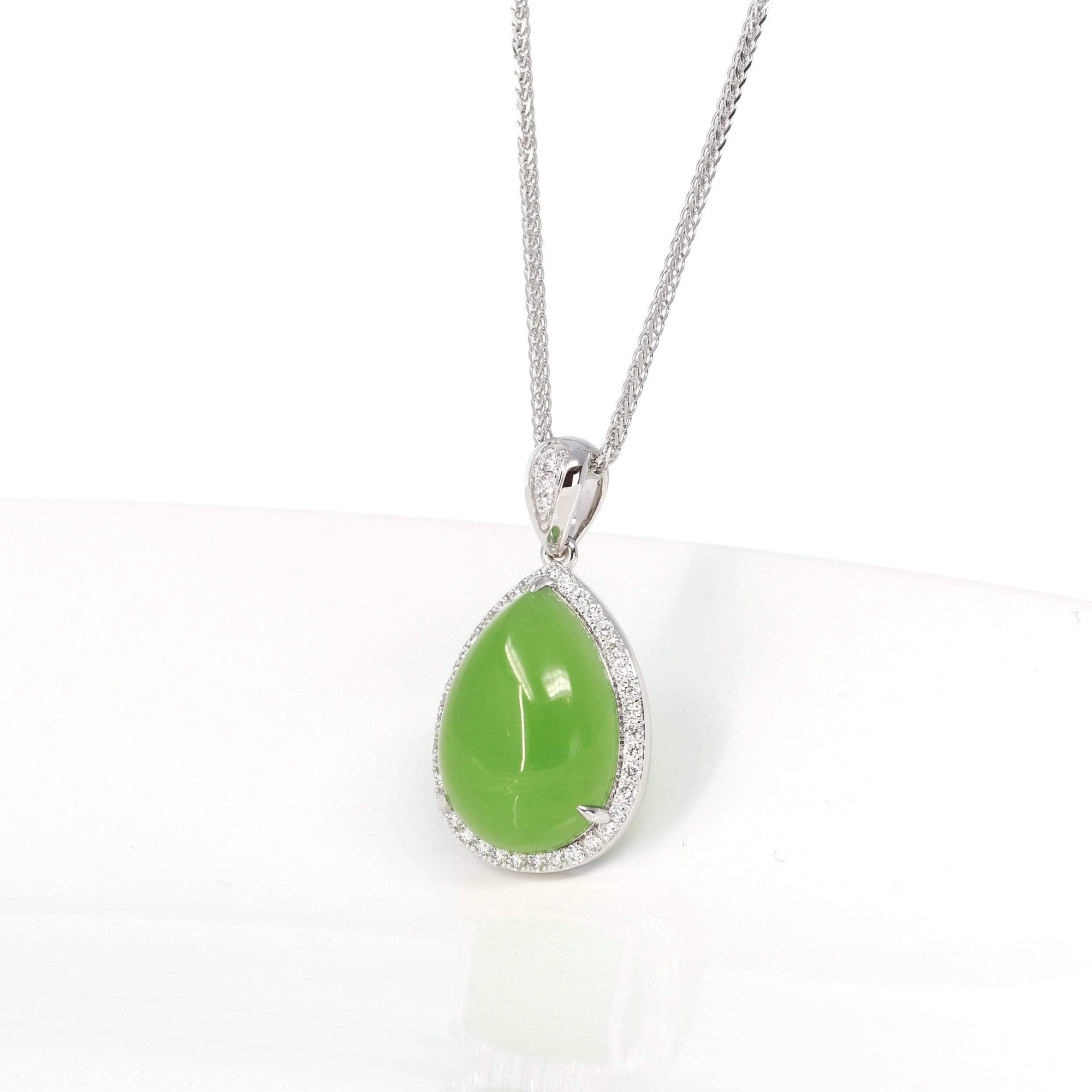 Baikalla Jewelry Gold Jade Pendant 14K Gold Genuine Green Apple Green Jade Tear Drop Pendant Necklace With VS1 Diamond