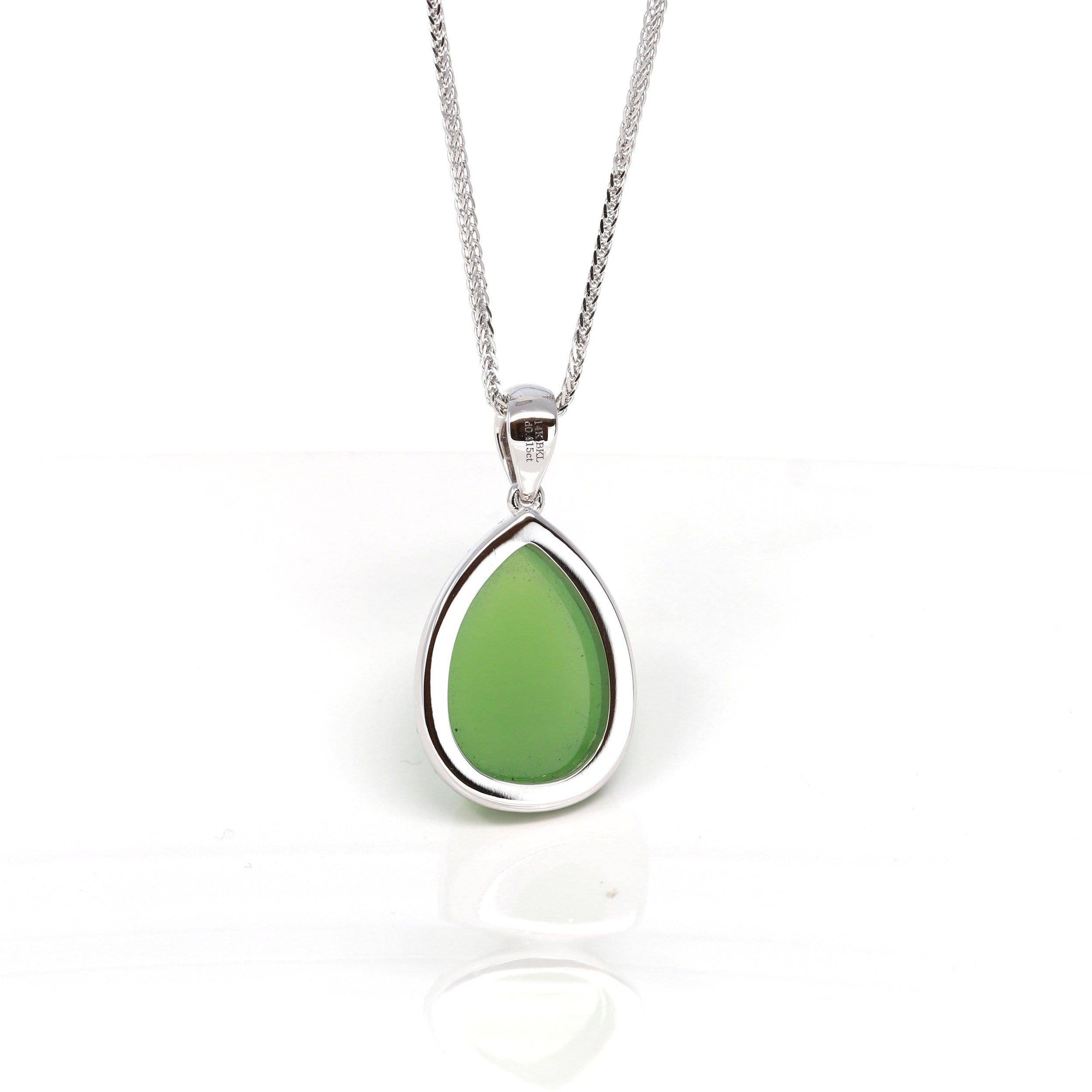 Baikalla Jewelry Gold Jade Pendant 14K Gold "Classic Tear Drop" Green Apple Green Nephrite Jade VS1 Diamond Setting Pendant Necklace