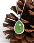 Baikalla Jewelry Gold Jade Pendant 14K White Gold / Pendant Only 14K Gold Genuine Green Apple Green Jade Tear Drop Pendant Necklace With VS1 Diamond