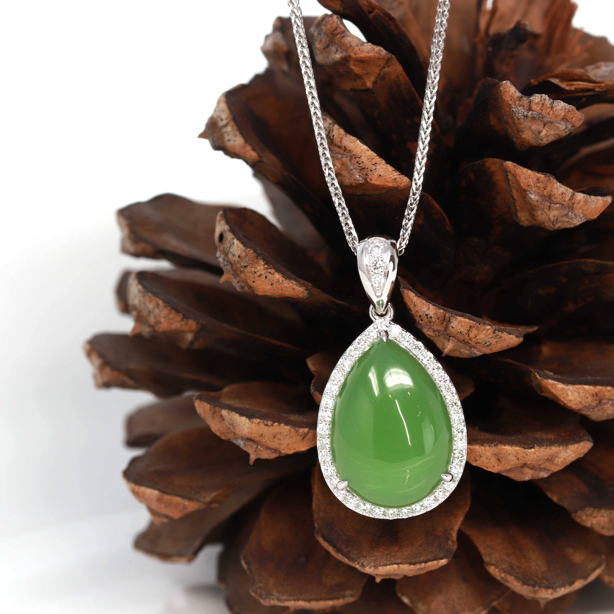 Baikalla Jewelry Gold Jade Pendant 14K White Gold Genuine Green Apple Green Jade Tear Drop Pendant Necklace With VS1 Diamond