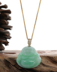 Baikalla Jewelry Jade Pendant Natural Burmese Jadeite Jade "Laughing Buddha" With 14k Yellow VS1 Diamond Bail