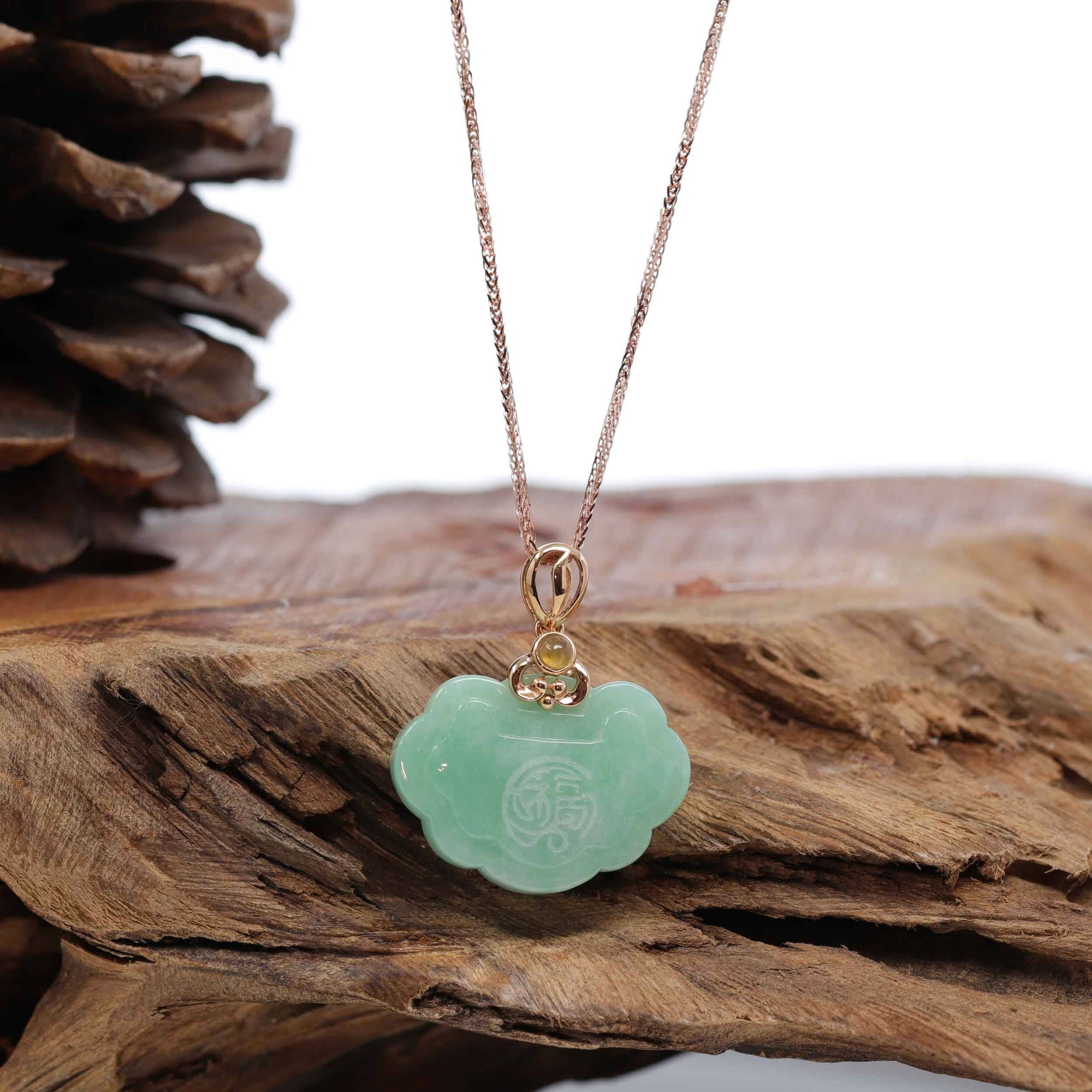 Baikalla Jewelry Jade Pendant 18k Rose Gold Genuine Burmese Green Jadeite Happiness ( Fu &amp; Pingan ) Pendant Necklace