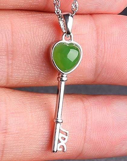 Baikalla Jewelry Nephrite Jade Necklace Baikalla™ &quot;The Key to My Heart&quot; Sterling Silver Genuine Nephrite Green Jade Key Pendant Necklace