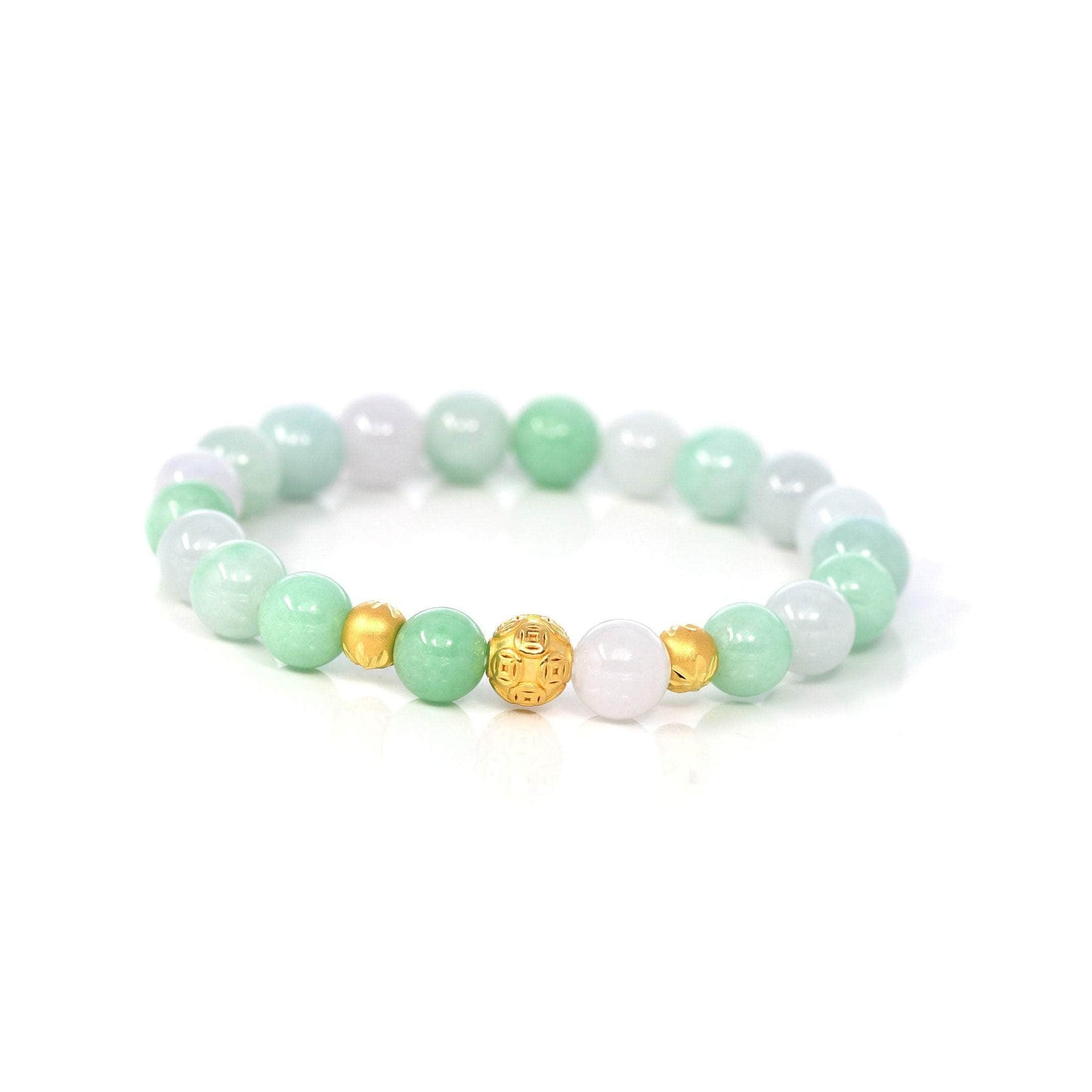 Baikalla Jewelry jade beads bracelet 24K Pure Yellow Gold Money Beads With Genuine Green Jade Round Beads Bracelet ( 9 mm )