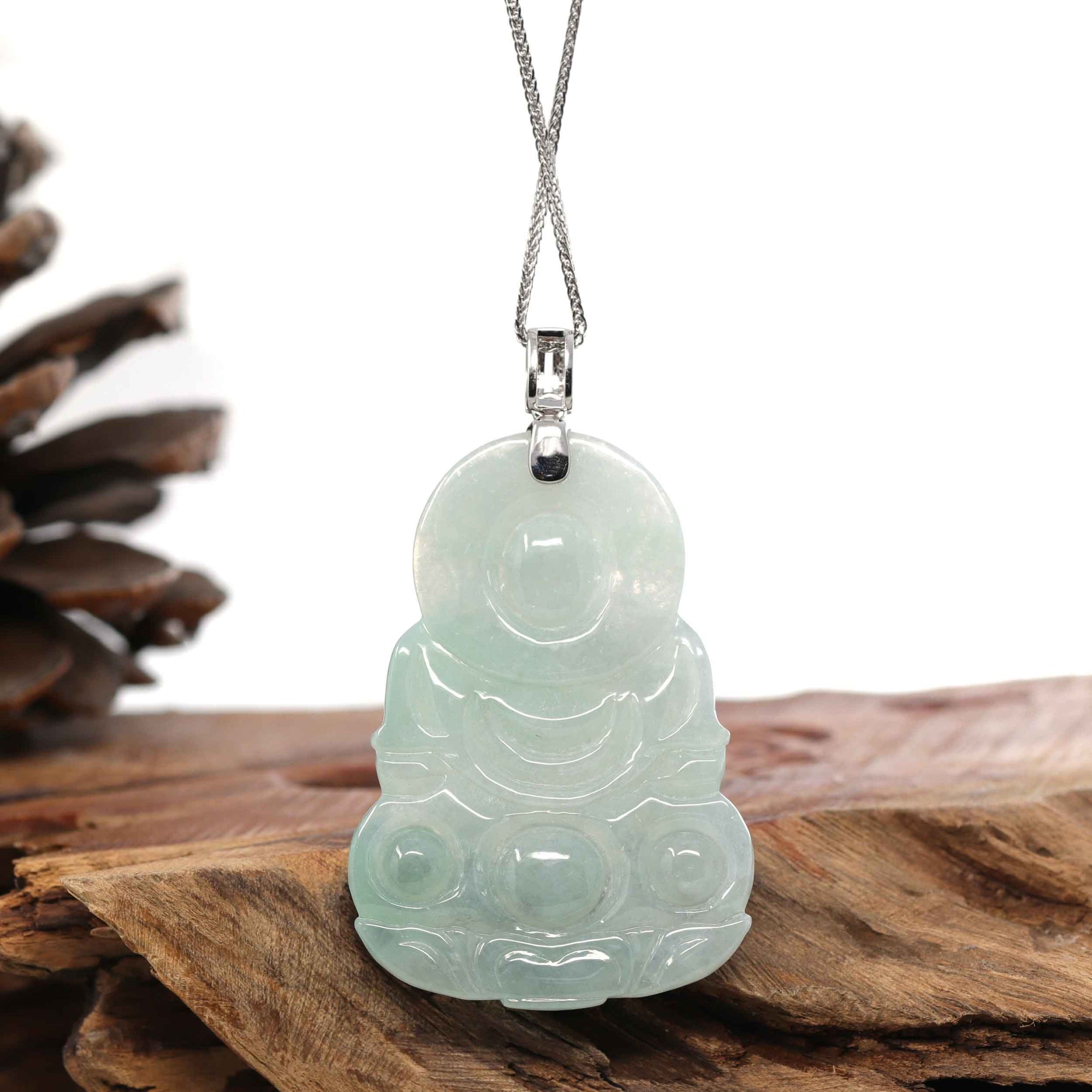 Baikalla Jewelry Jade Guanyin Pendant Necklace Baikalla 14k "Goddess of Compassion" Genuine Burmese Jadeite Jade Guanyin Pendant With VS1 Diamond Bail