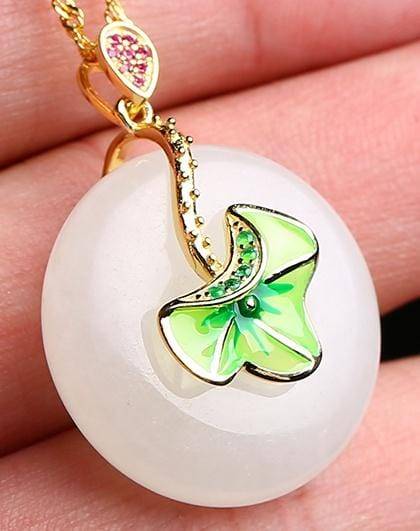 Baikalla Jewelry Jade Pendant Genuine White Nephrite Jade Necklace with Gold Plated Sterling Silver and Pink & Green CZ