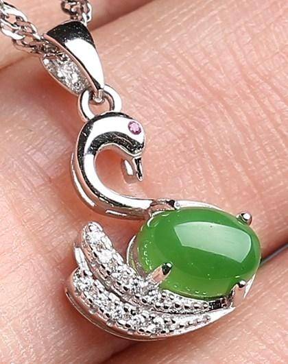 Baikalla Jewelry Jade Pendant Baikalla™ &quot;Love Swan&quot; Genuine Nephrite Green Jade Swan Pendant Necklace with Tourmaline &amp; CZ