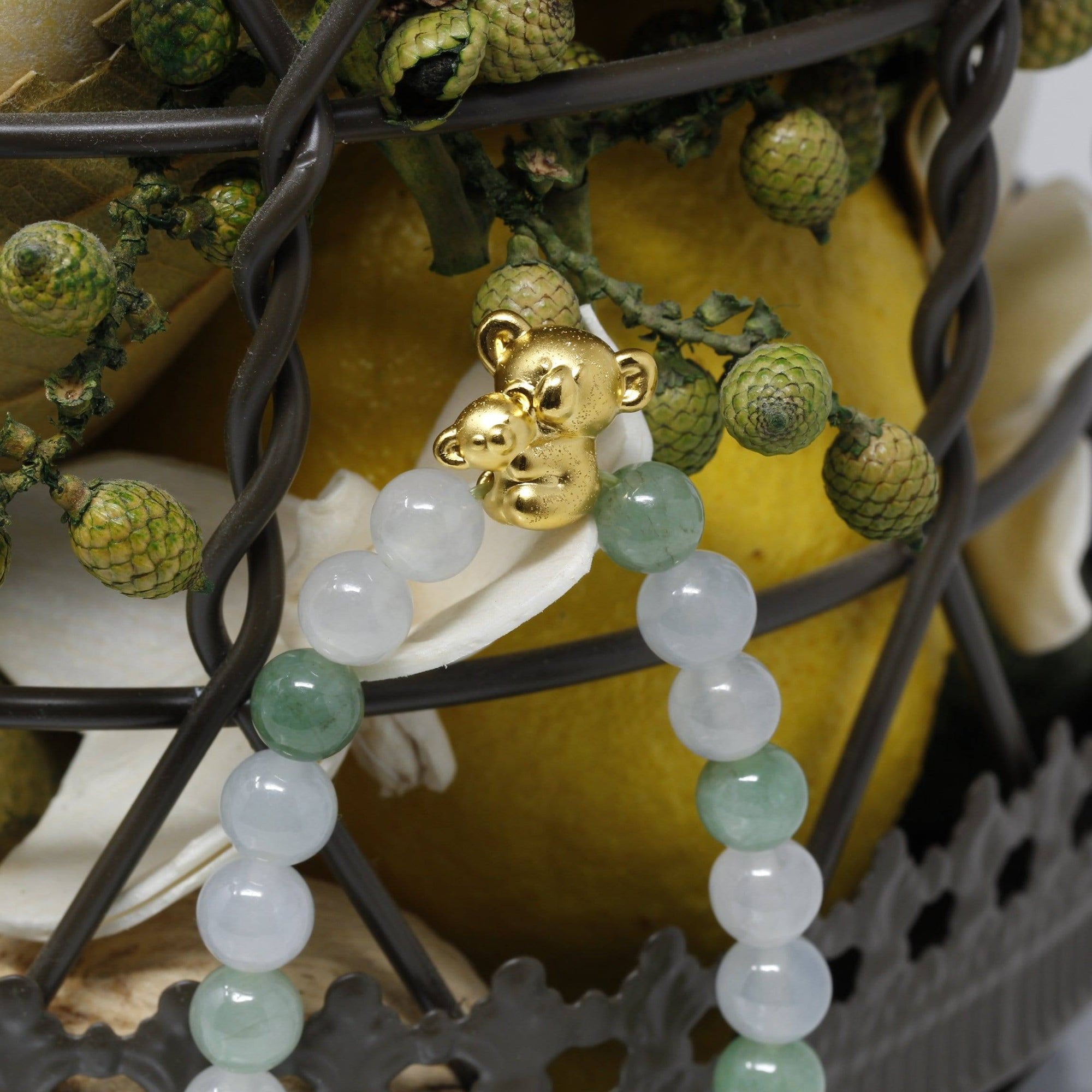 Baikalla Jewelry 24k Gold Jadeite Beads Bracelet Genuine High-quality Jade Jadeite Bracelet Bangle with 24k Yellow Gold Koala Bear Charm 