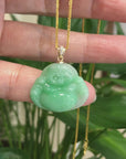 Baikalla™ "Laughing Buddha" Genuine Green Jadeite Buddha Pendant Necklace With 14k Yellow Gold Diamond Bail