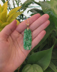 Genuine Apple Green- White Jadeite Jade Fu Zai Yan Qian Pendant Necklace With 14K Yellow Gold Bail