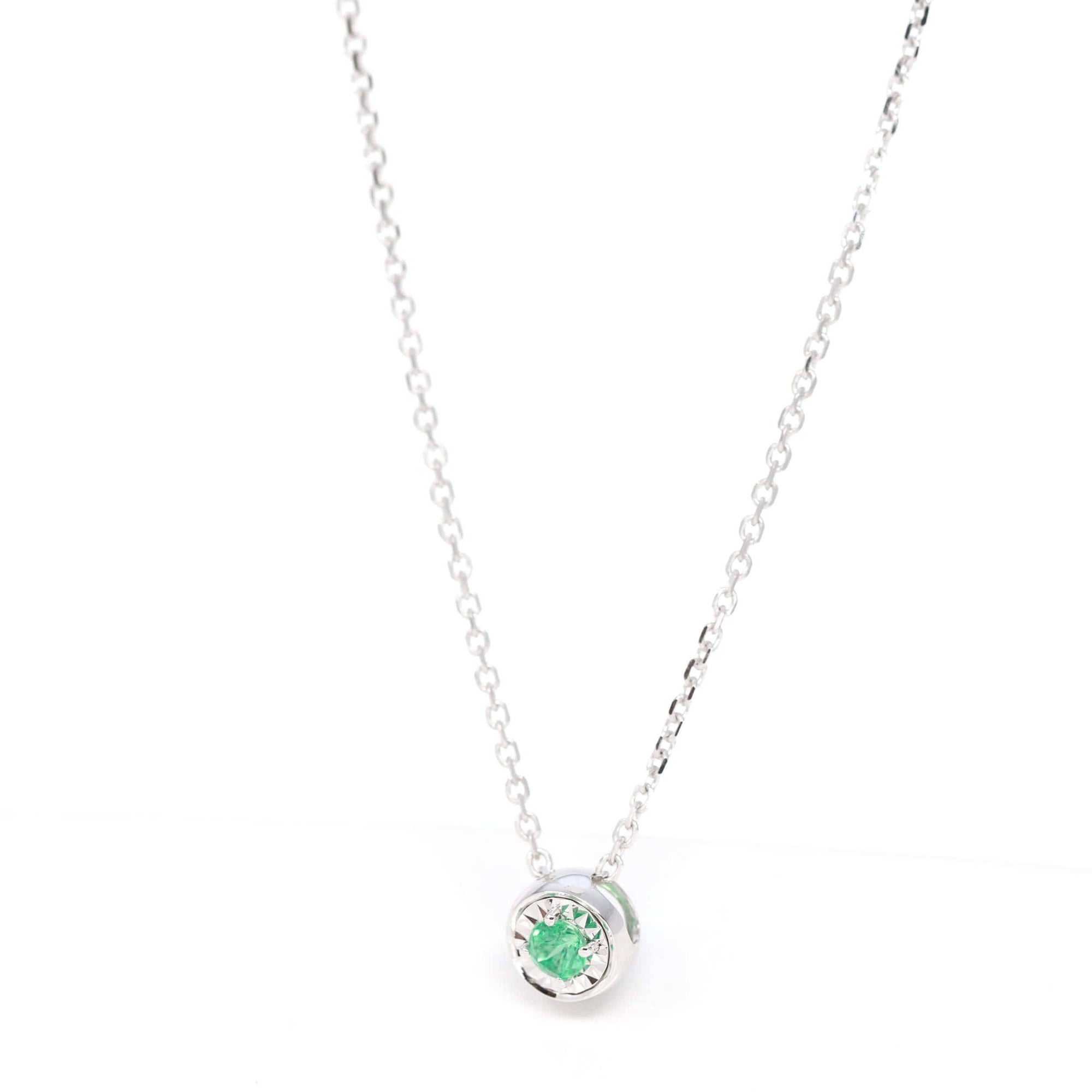 Baikalla Jewelry Gemstone Pendant Necklace Baikalla™ 14k White Gold Emerald Round 4 Prong Set Necklace With Diamond-Cut Halo