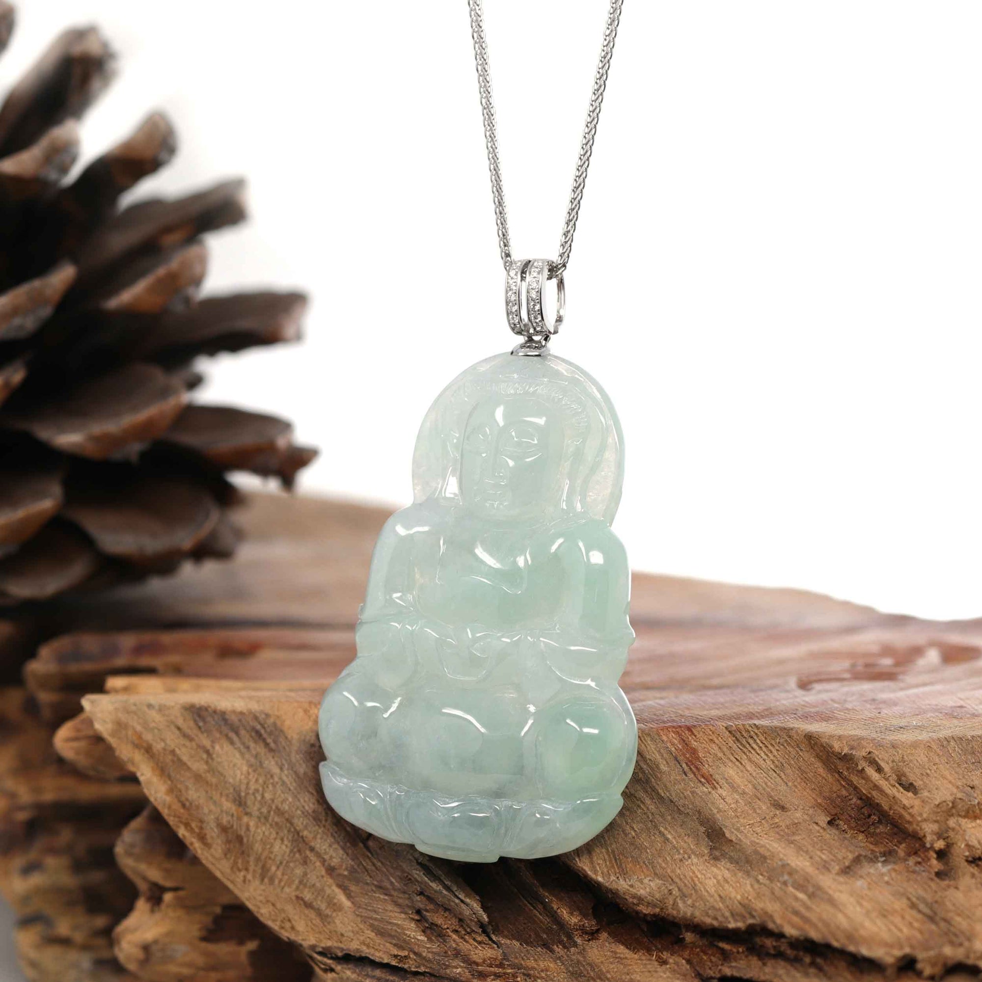 Baikalla Jewelry Jade Guanyin Pendant Necklace Baikalla 14k "Goddess of Compassion" Genuine Burmese Jadeite Jade Guanyin Pendant With VS1 Diamond Bail