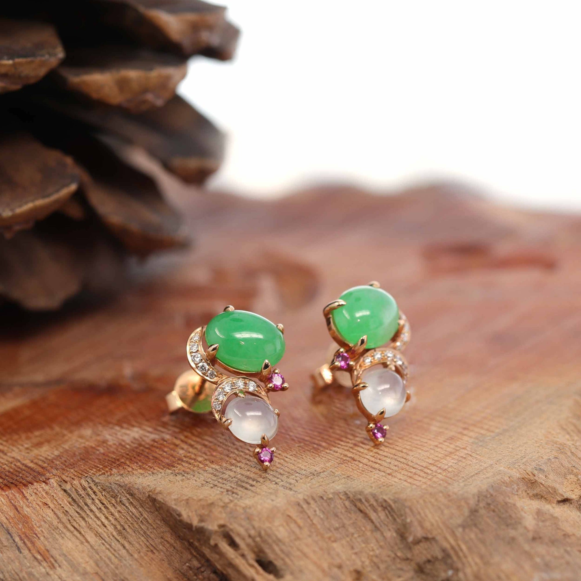 Baikalla Jewelry Gold Jade Earrings 18K Rose Gold Multi Color Jadeite Jade Stud Earrings