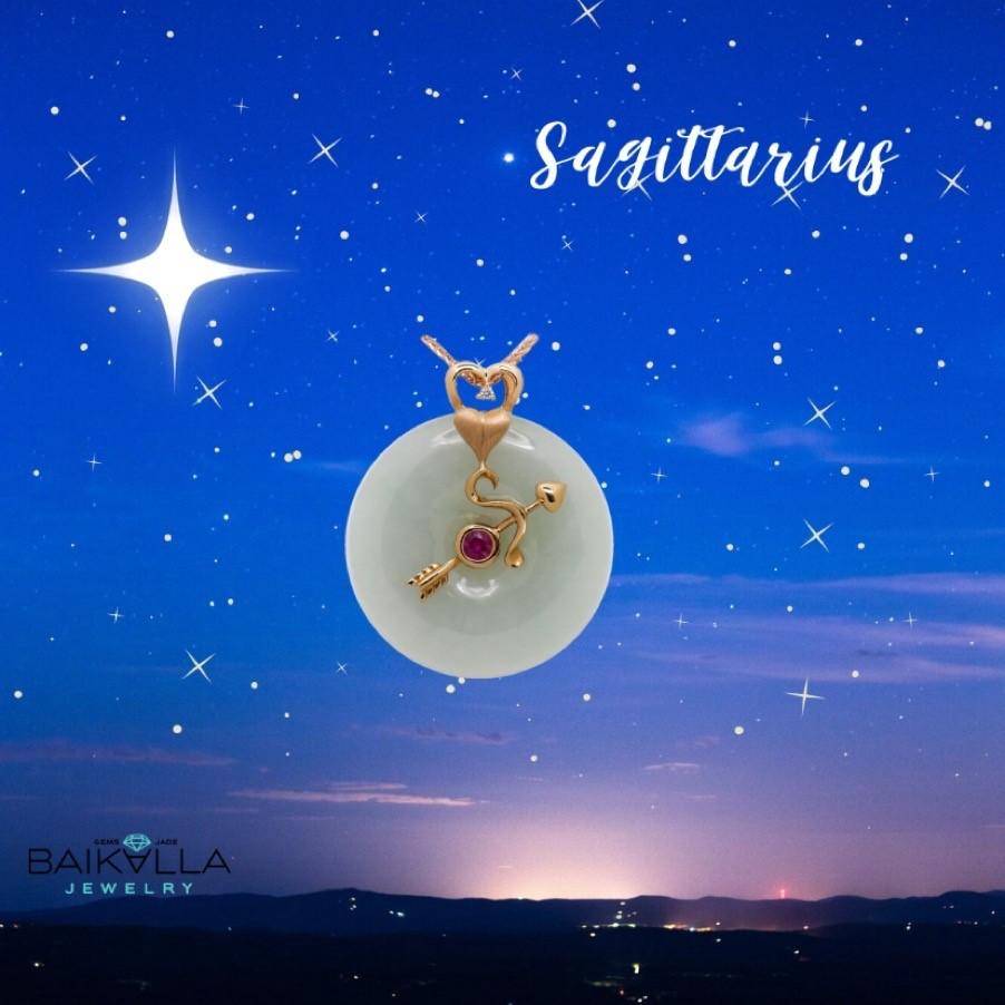 Baikalla Jewelry Gold Jadeite Pendant 18k Rose Gold Genuine Jadeite Constellation Horoscope (Sagittarius) Necklace Pendant with Diamonds & Tourmaline