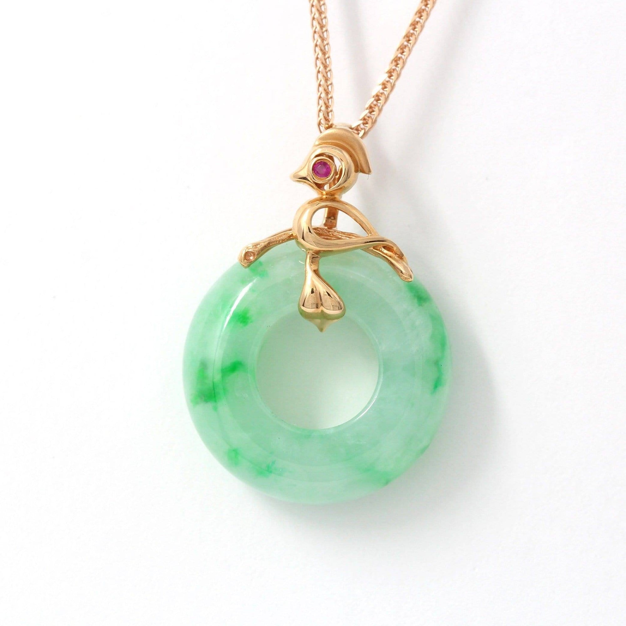 Baikalla Jewelry 18k Gold Jadeite Necklace 18k Rose Gold Genuine Burmese Jadeite Lucky Pendant Necklace With AA Ruby