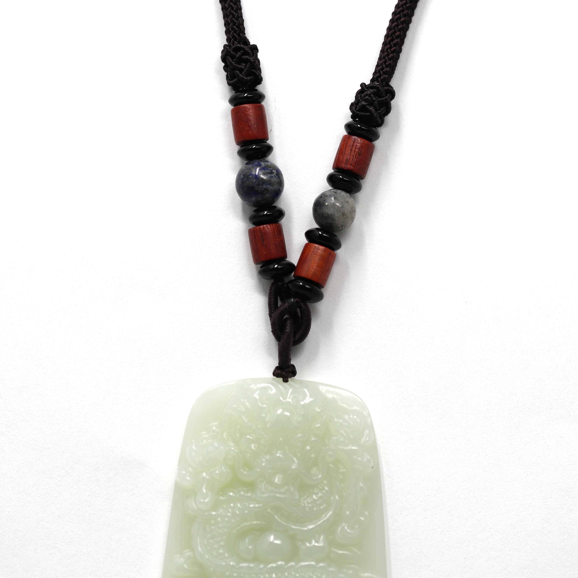 Baikalla Jewelry Nephrite Jade Necklace Natural White Nephrite Jade Double Dragon Pendant Necklace ( Carved Art )