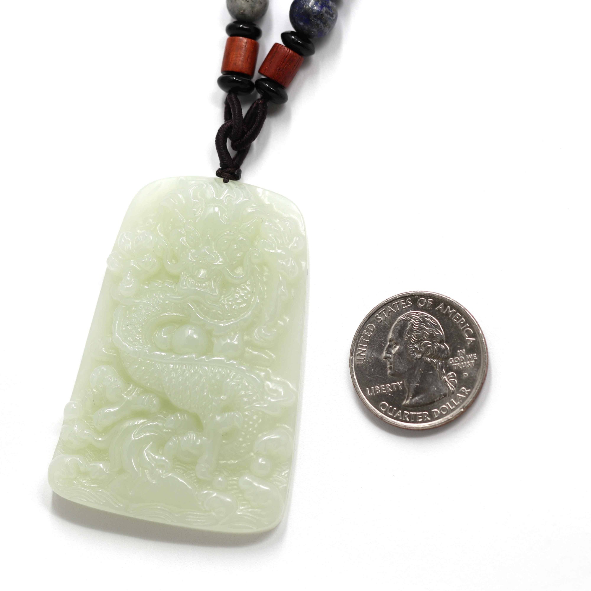 Baikalla Jewelry Nephrite Jade Necklace Natural White Nephrite Jade Double Dragon Pendant Necklace ( Carved Art )