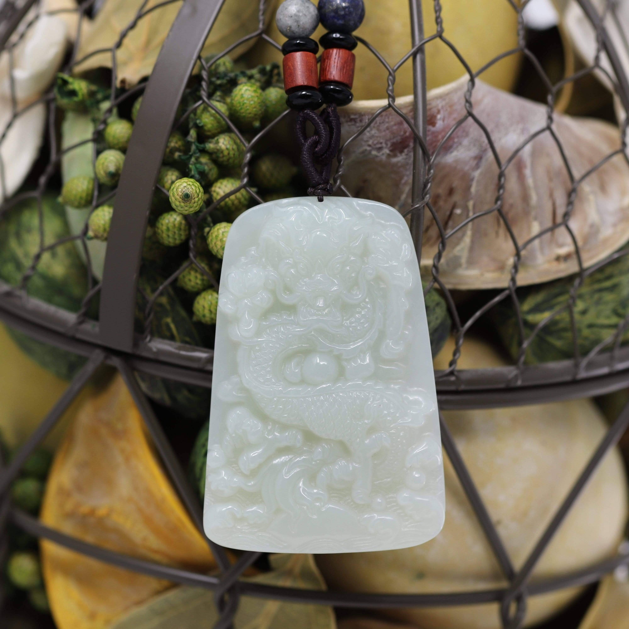 Baikalla Jewelry Nephrite Jade Necklace Natural White Nephrite Jade Double Dragon Pendant Necklace ( Carved Art )