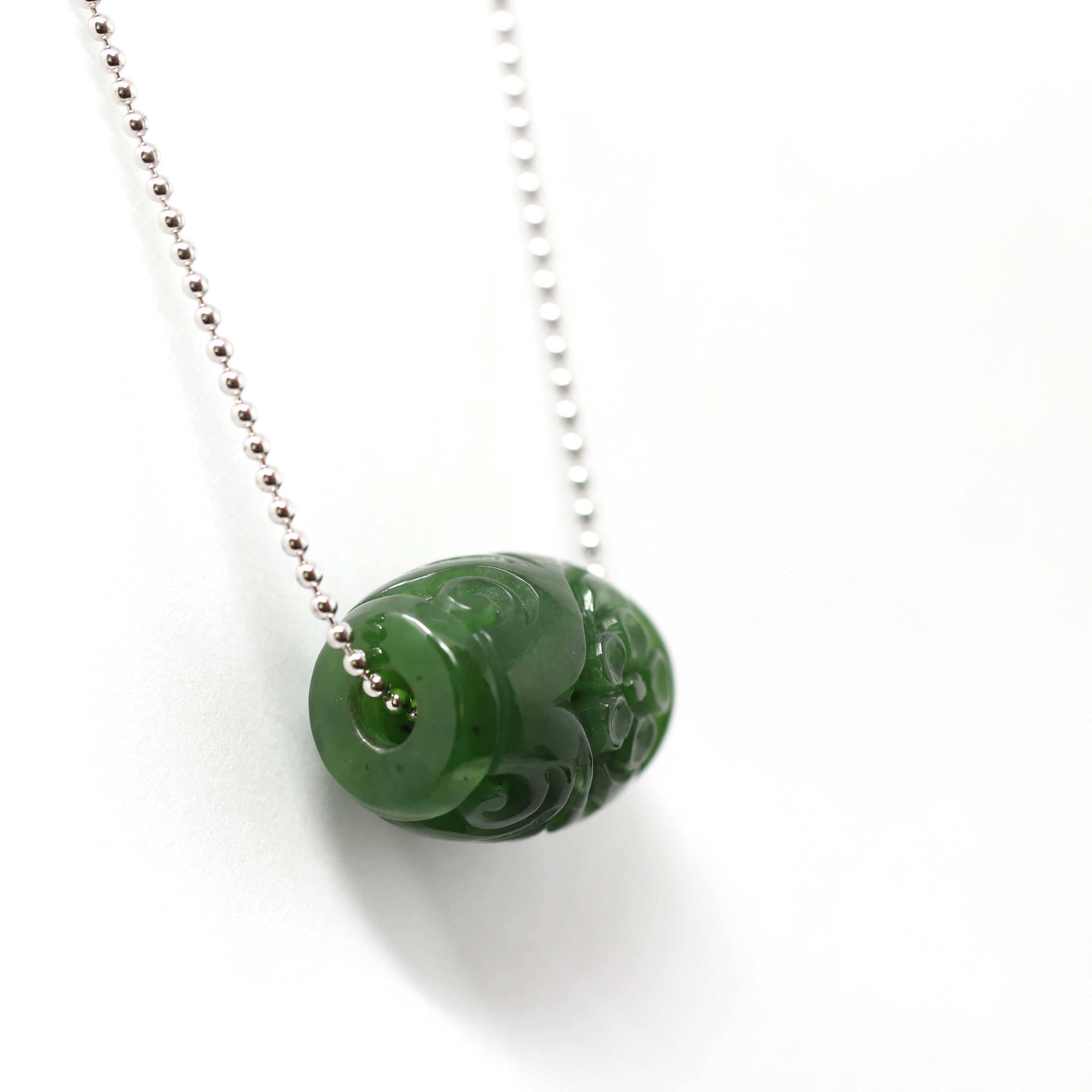 Baikalla Jewelry Jade Pendant Necklace Genuine HeTian Nephrite Green Jade Lucky Bead Pendant Necklace With Flower Pattern