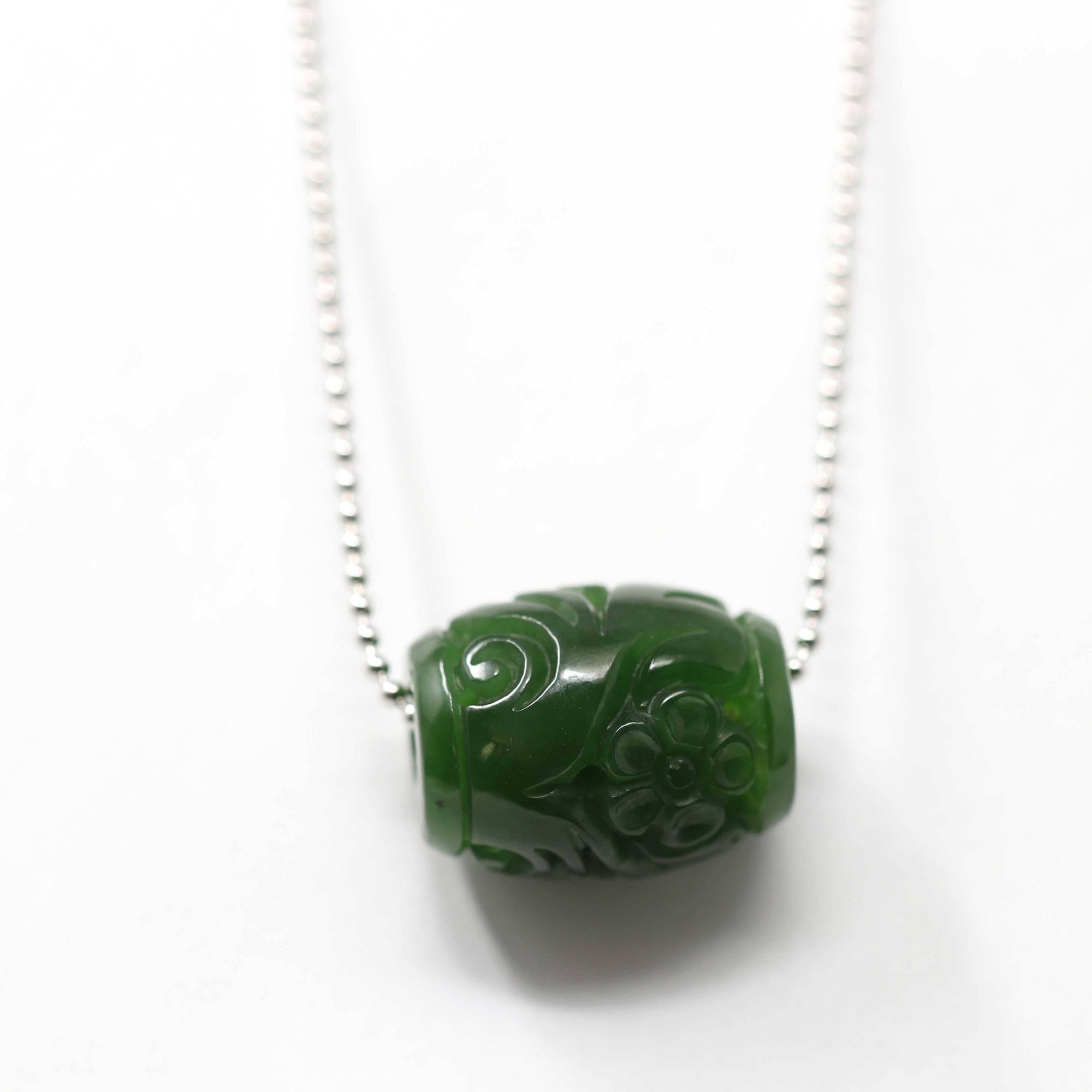 Baikalla Jewelry Jade Pendant Necklace Genuine HeTian Nephrite Green Jade Lucky Bead Pendant Necklace With Flower Pattern