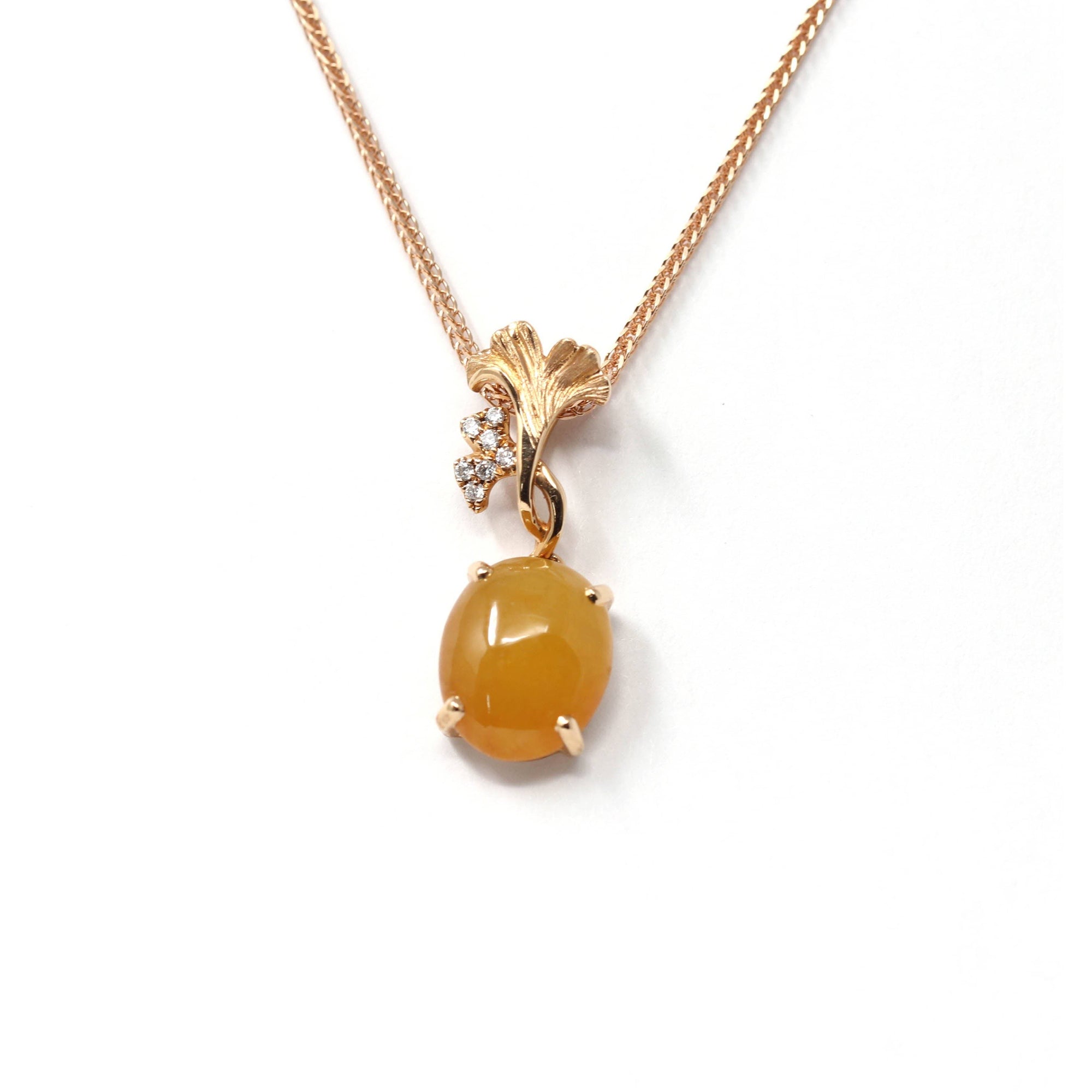 Baikalla Jewelry Gold Jadeite Necklace W/ 18k Gold wheat Chain Baikalla™ &quot;Apricot blossom &quot; 18k Rose Gold Jadeite jade Diamond Pendant Necklace