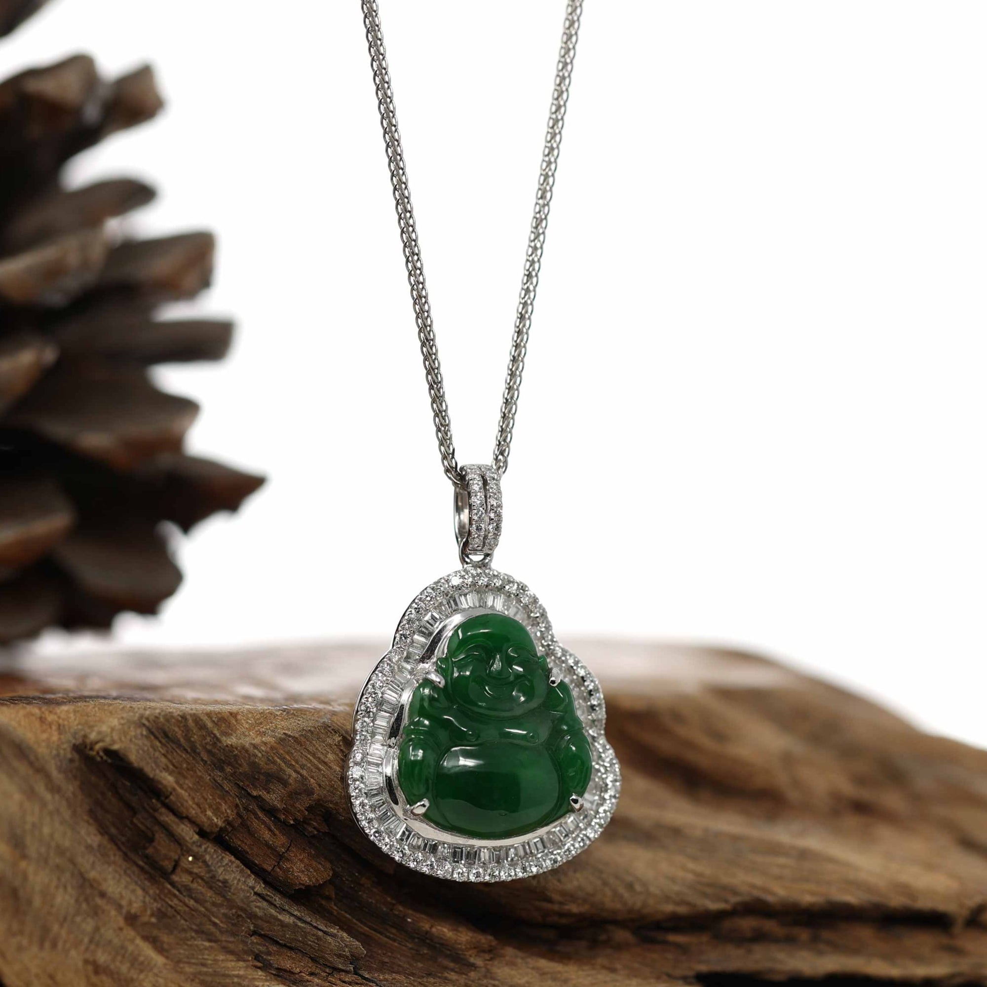 Baikalla Jewelry 18k Gold Jadeite Necklace 18K White Gold High-End Imperial Jadeite Jade Buddha Necklace with Diamonds