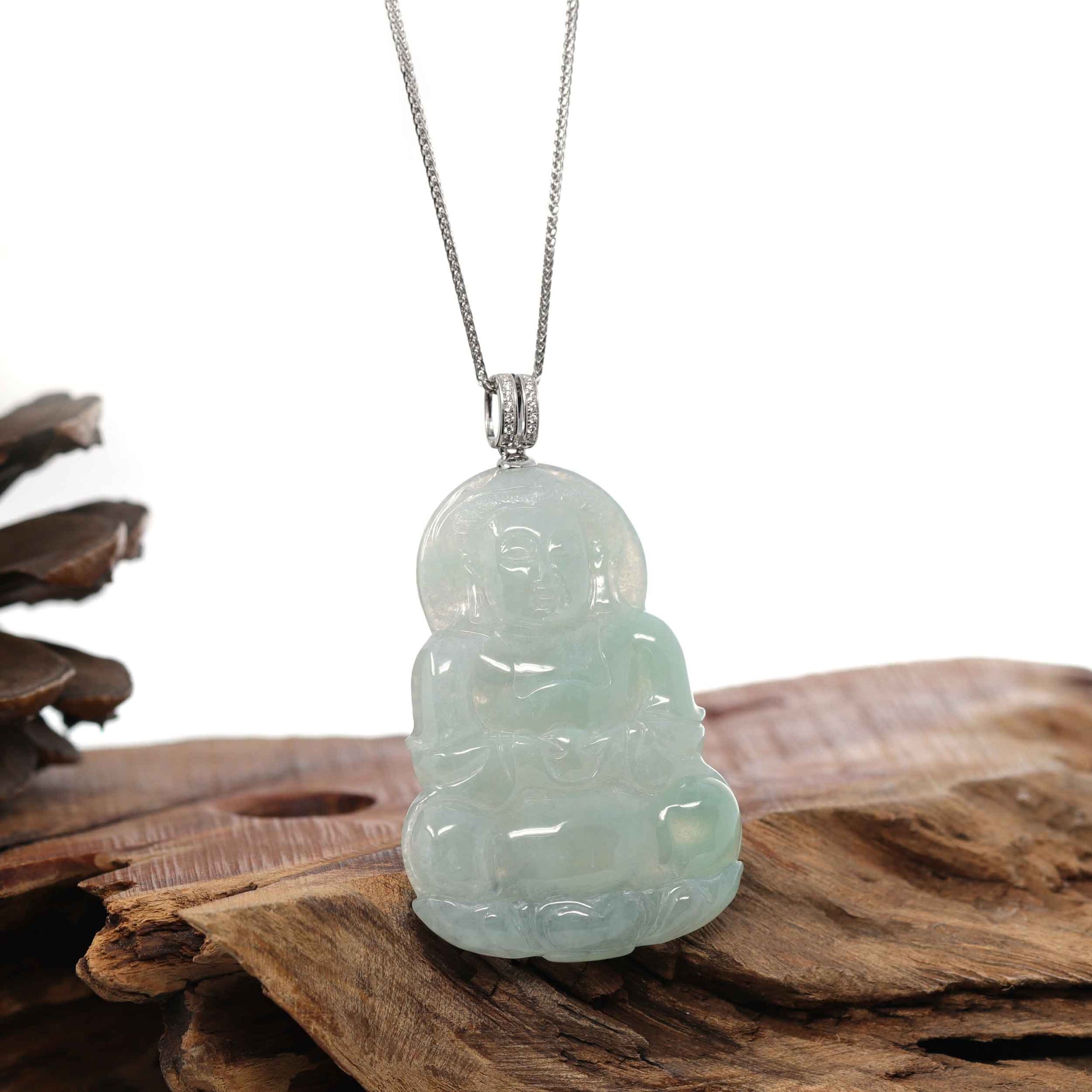 Baikalla Jewelry Jade Guanyin Pendant Necklace Baikalla 14k "Goddess of Compassion" Genuine Burmese Jadeite Jade Guanyin Pendant With VS1 Diamond Bail