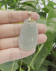 Natural Ice Jadeite Jade Shou Tao ( Longevity Peach ) Necklace With 14k Yellow Gold Bail