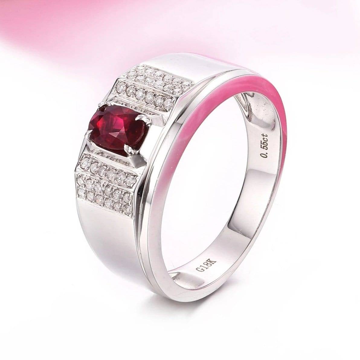 Baikalla Jewelry Gold Men&#39;s Ring 8 18k White Gold Natural 0.55 ct Ruby Men&#39;s Halo Ring with Diamonds