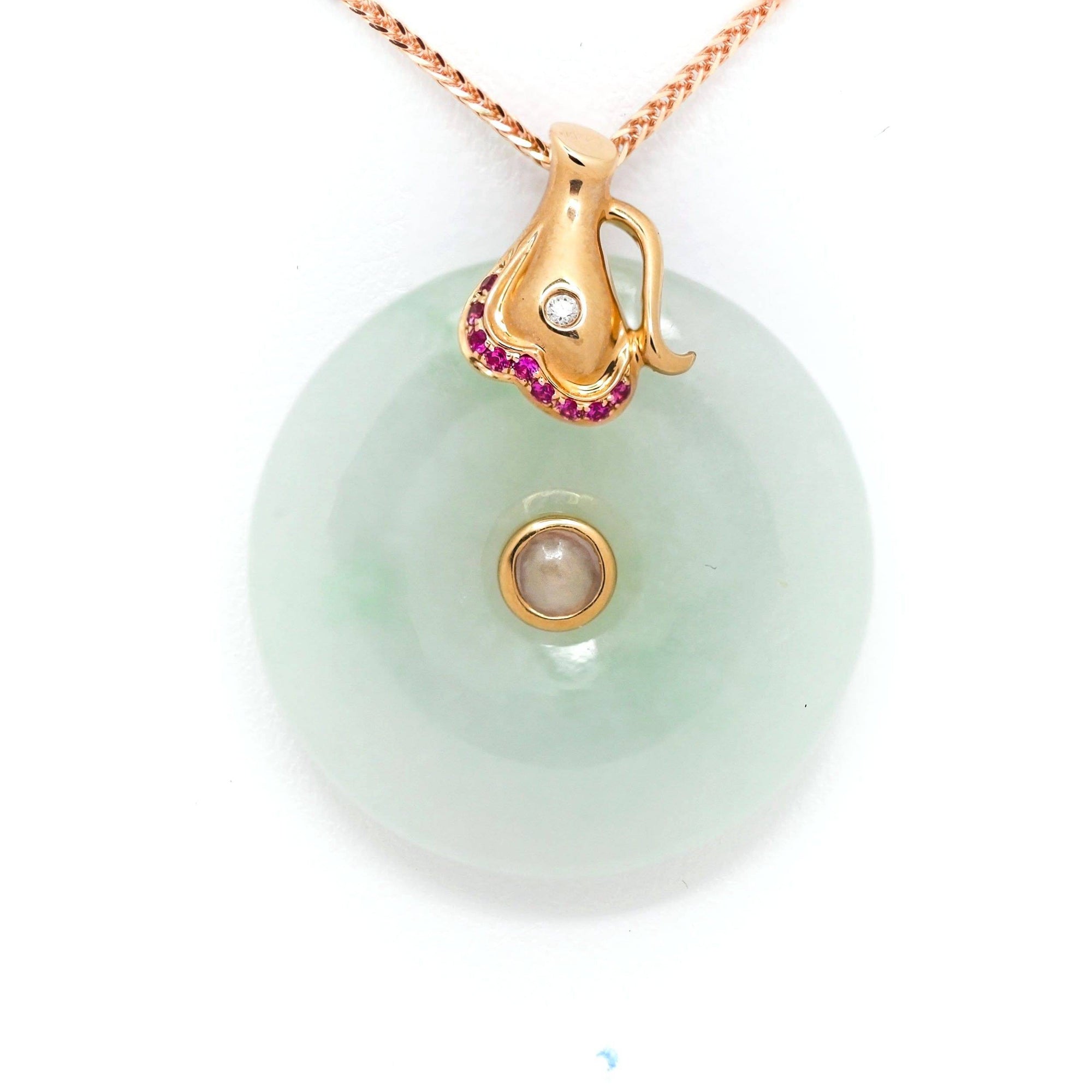 Baikalla Jewelry God Jadeite Necklace 18k Rose Gold Genuine Burmese Jadeite Constellation (Aquarius) Necklace Pendant with Diamonds &amp; Ruby