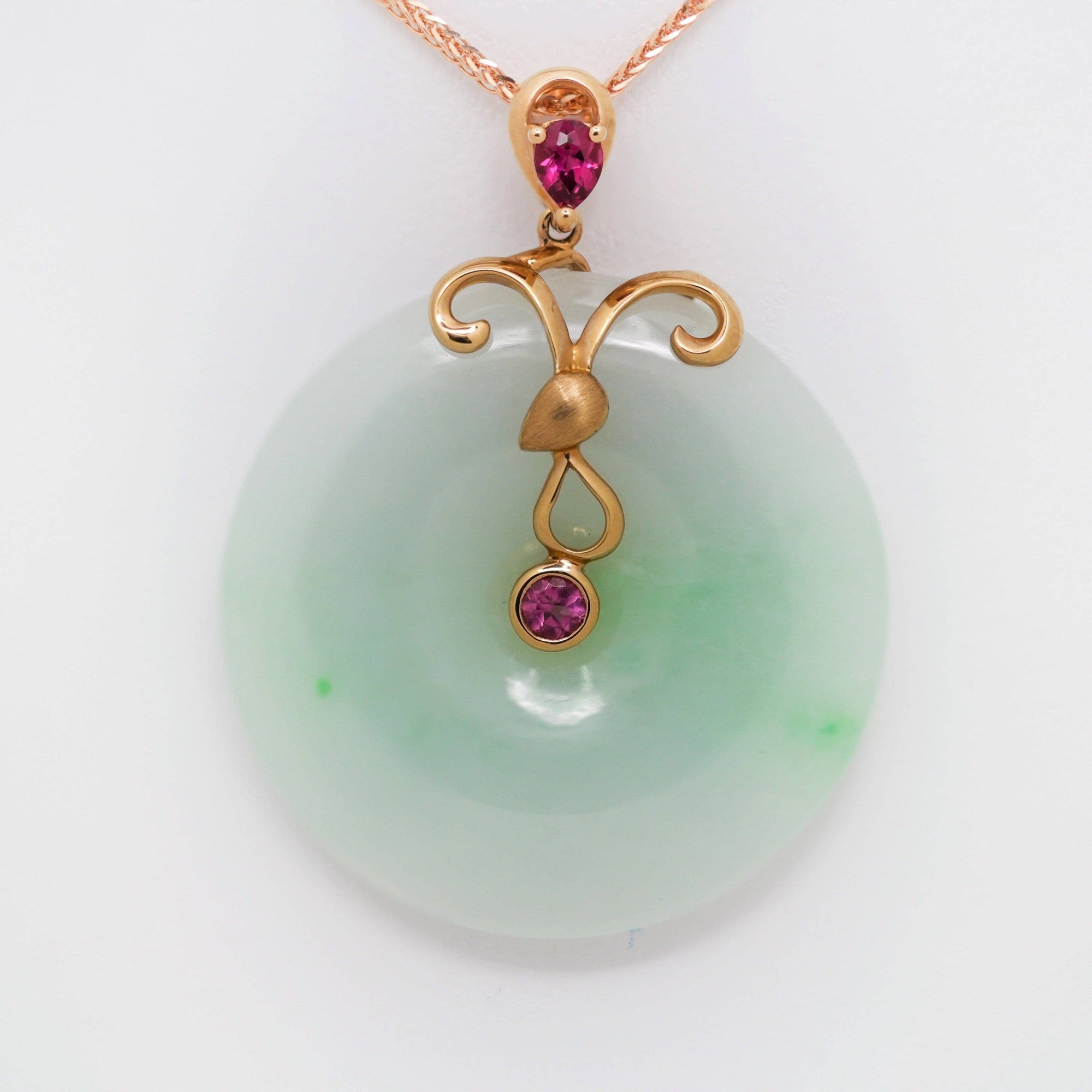 Baikalla Jewelry Jade Pendant 18k Rose Gold Genuine Burmese Jadeite Constellation (Aries) Necklace Pendant with Tourmaline