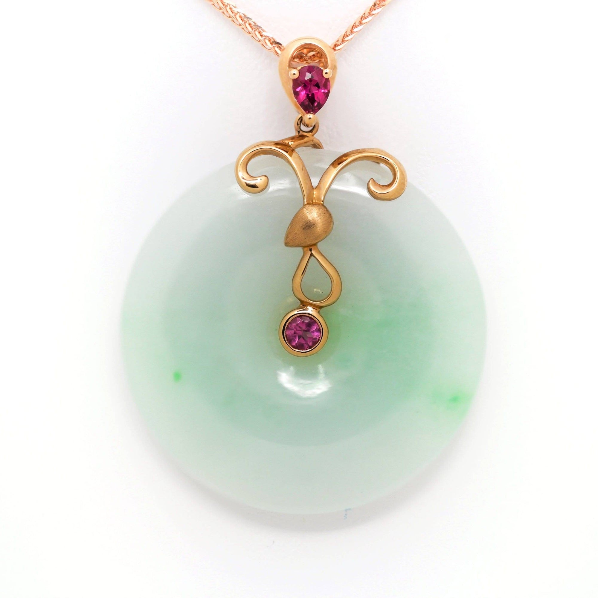 Baikalla Jewelry Jade Pendant 18k Rose Gold Genuine Burmese Jadeite Constellation (Aries) Necklace Pendant with Tourmaline