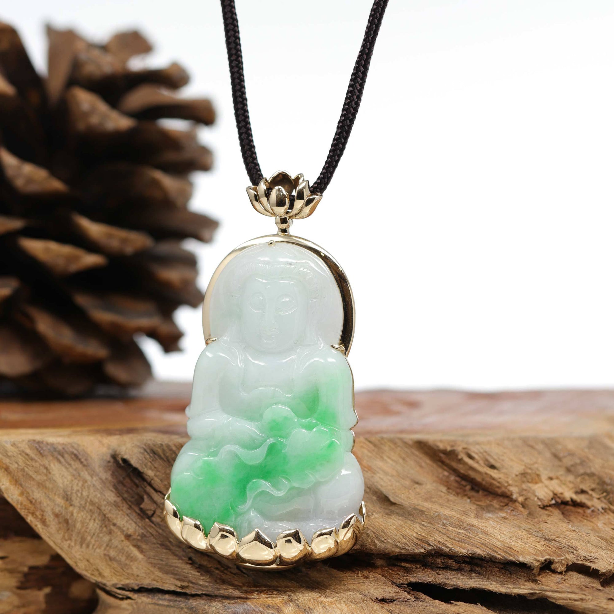 Baikalla Jewelry Jade Guanyin Pendant Necklace Baikalla 14k &quot;Goddess of Compassion&quot; Genuine Burmese Jadeite Jade Guanyin Lotus Necklace