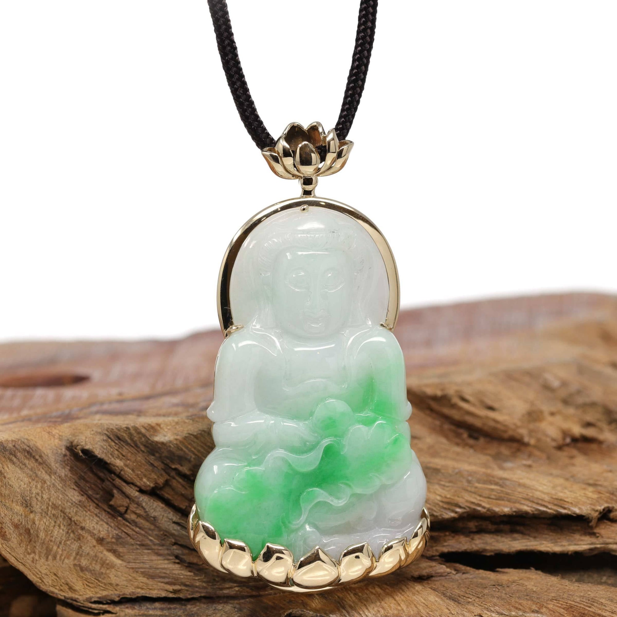 Baikalla Jewelry Jade Guanyin Pendant Necklace Nylon String Necklace Baikalla 14k "Goddess of Compassion" Genuine Burmese Jadeite Jade Guanyin Lotus Necklace