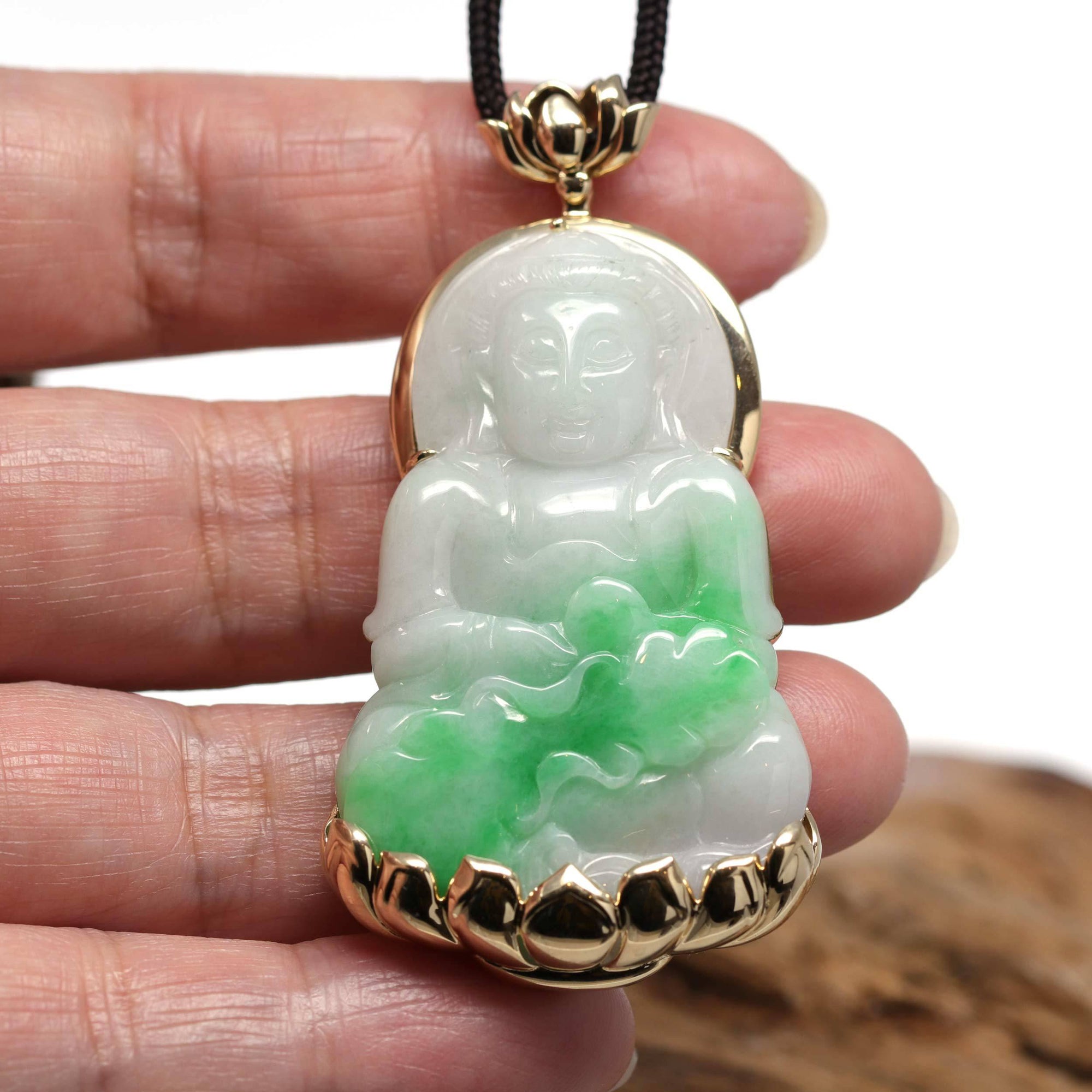 Baikalla Jewelry Jade Guanyin Pendant Necklace Baikalla 14k "Goddess of Compassion" Genuine Burmese Jadeite Jade Guanyin Lotus Necklace