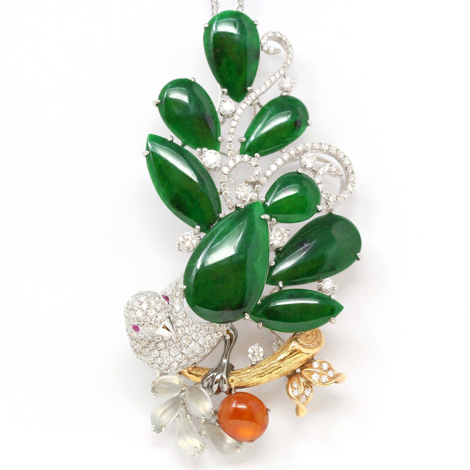 Baikalla Jewelry 18k Gold Jadeite Necklace "Bird on A Tree" Baikalla Jewelry Signature Neck-piece Brooch Necklace