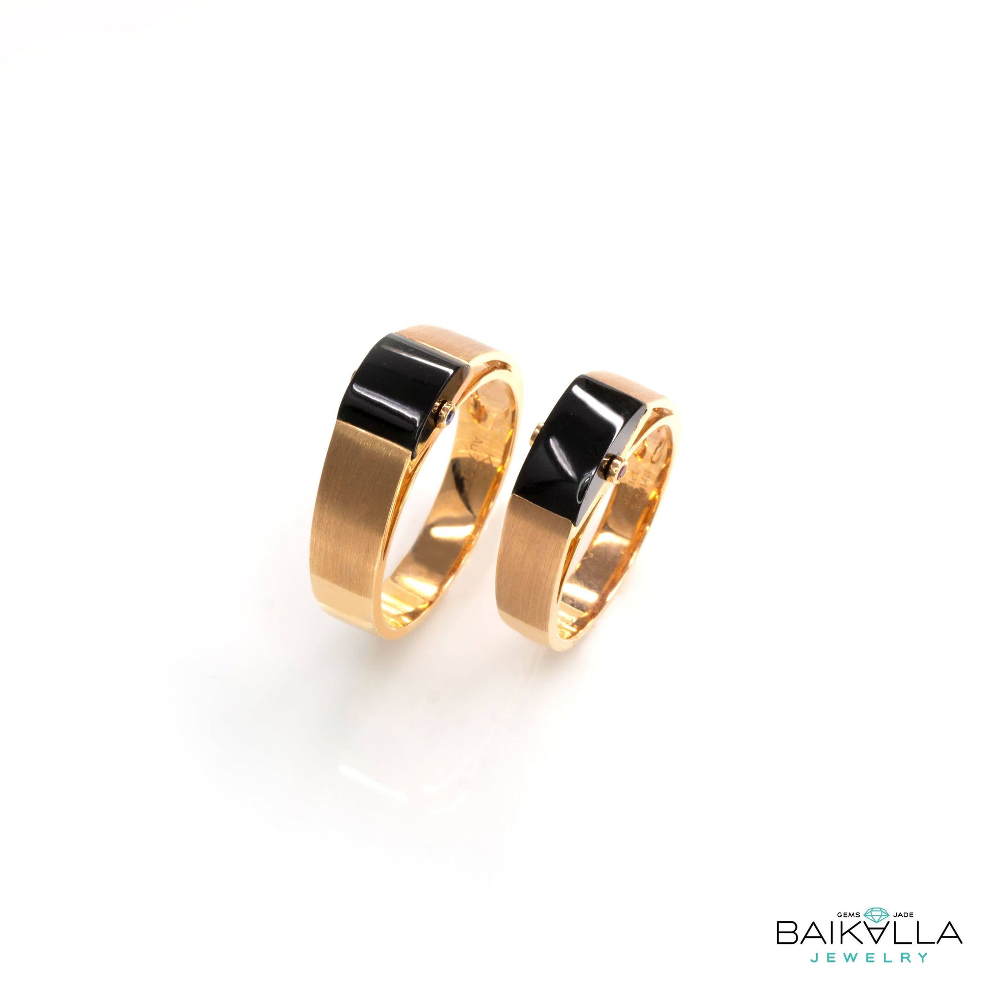 Baikalla Jewelry Gold Jadeite Jade Ring One Pair Baikalla™ &quot;Classic Half Round Cabochon&quot; Genuine Burmese Emerald Cut Black Jadeite Jade Engagement Ring