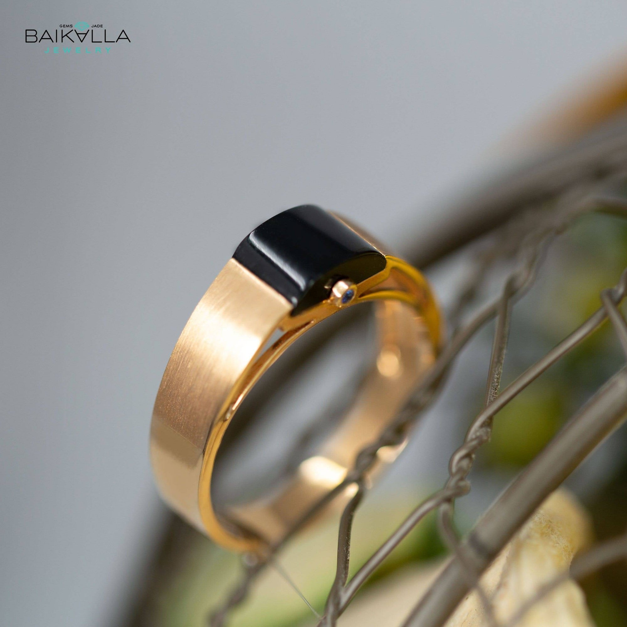 Baikalla Jewelry Gold Jadeite Jade Ring Baikalla™ &quot;Classic Half Round Cabochon&quot; Genuine Burmese Emerald Cut Black Jadeite Jade Engagement Ring