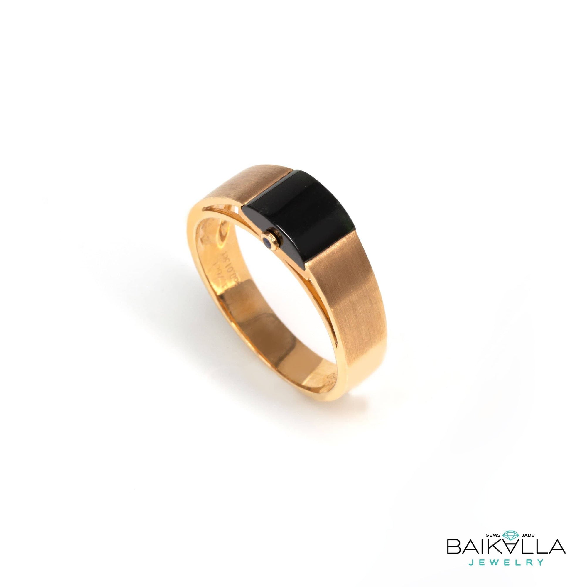 Baikalla Jewelry Gold Jadeite Jade Ring Baikalla™ &quot;Classic Half Round Cabochon&quot; Genuine Burmese Emerald Cut Black Jadeite Jade Engagement Ring