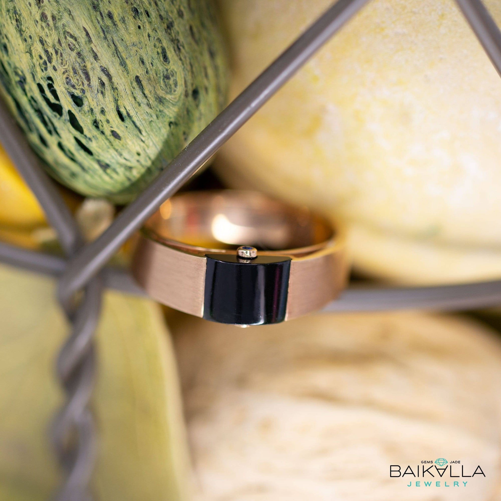 Baikalla Jewelry Gold Jadeite Jade Ring Baikalla™ &quot;Classic Half Round Cabochon&quot; Genuine Burmese Emerald Cut Black Jadeite Jade Engagement Ring