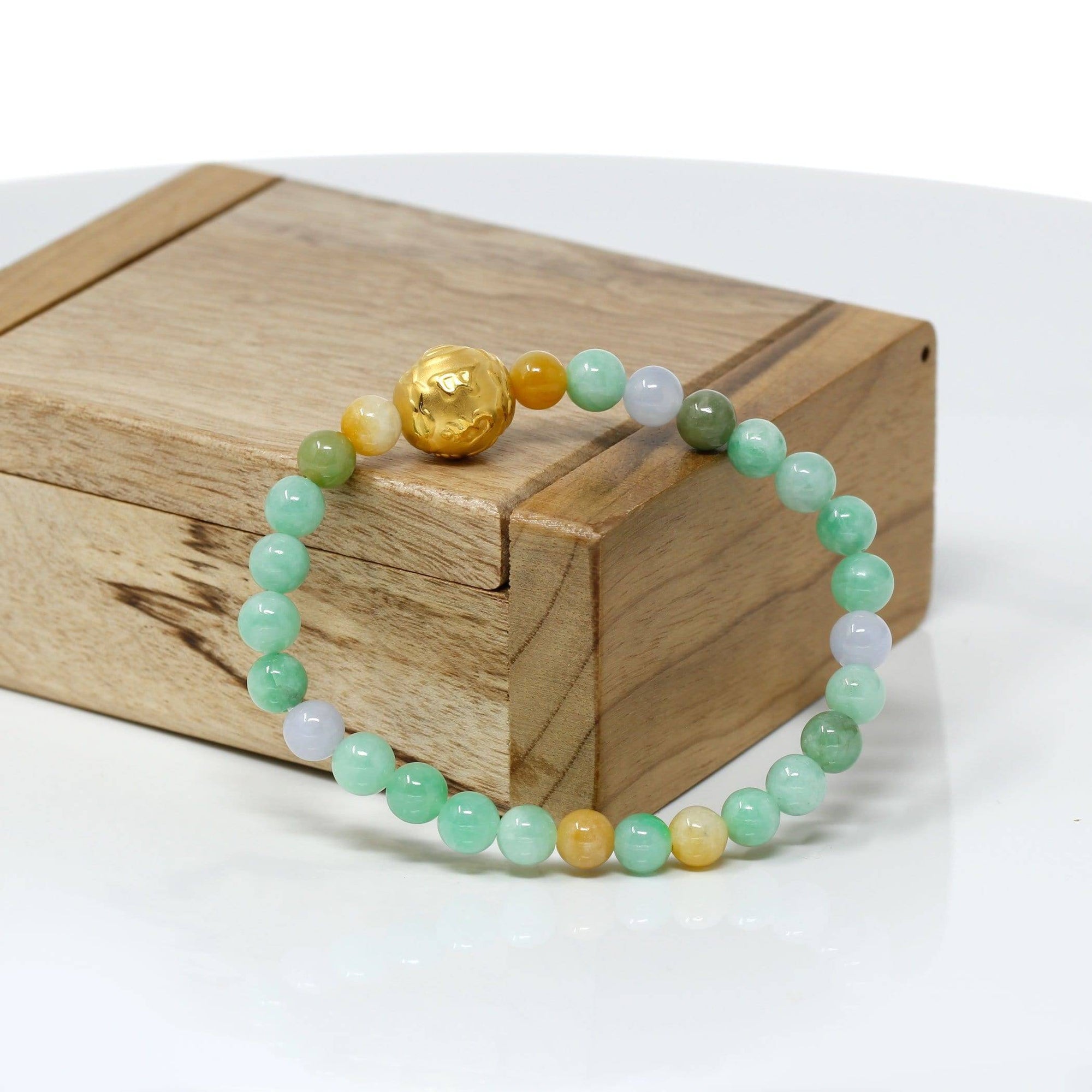 Baikalla Jewelry 24k Gold Jadeite Beads Bracelet Genuine High-quality Jade Jadeite Bracelet Bangle with 24k Yellow Gold Buddha Symbol ( Six Word Proverbs ) Charm #429