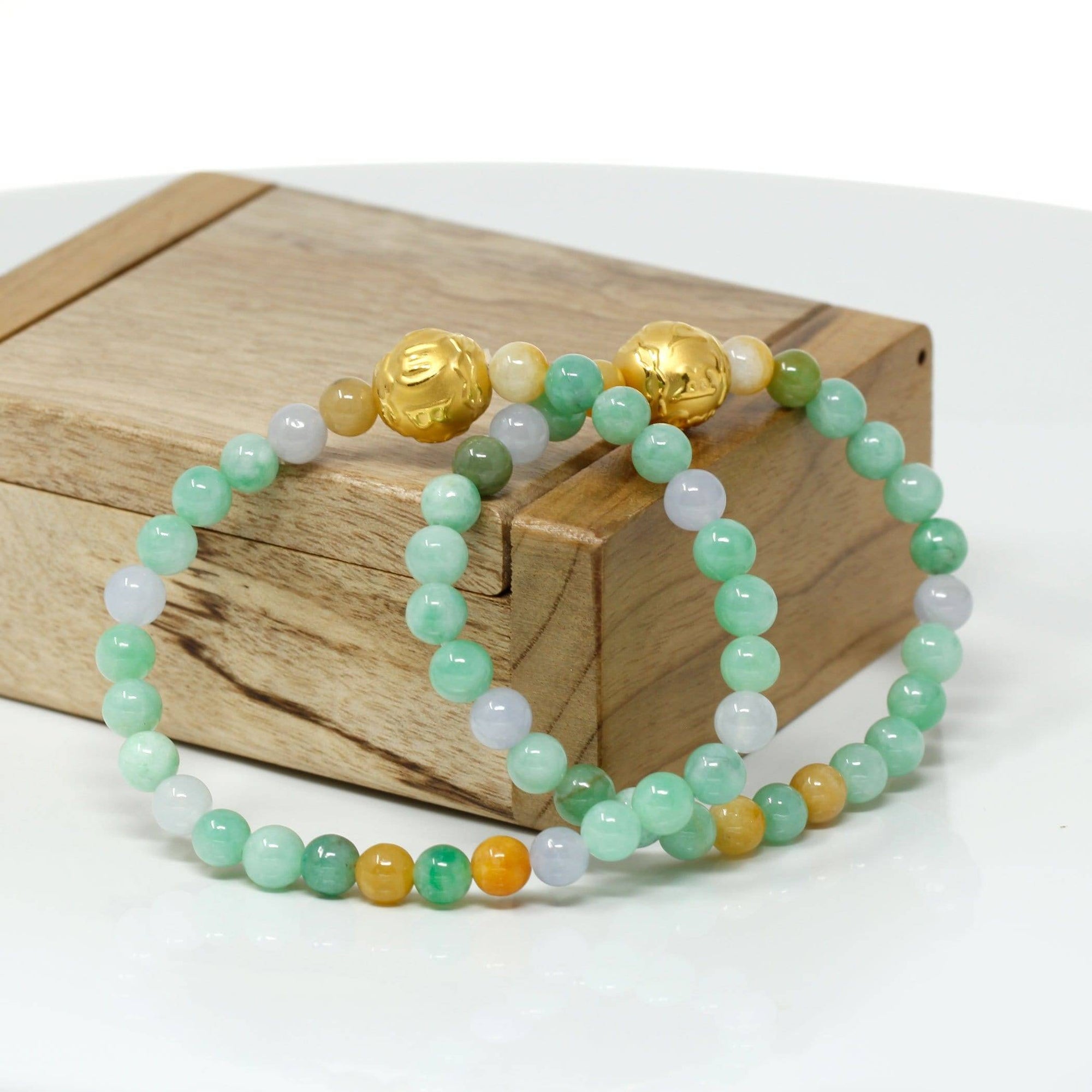 Baikalla Jewelry 24k Gold Jadeite Beads Bracelet Genuine High-quality Jade Jadeite Bracelet Bangle with 24k Yellow Gold Buddha Symbol ( Six Word Proverbs ) Charm #429