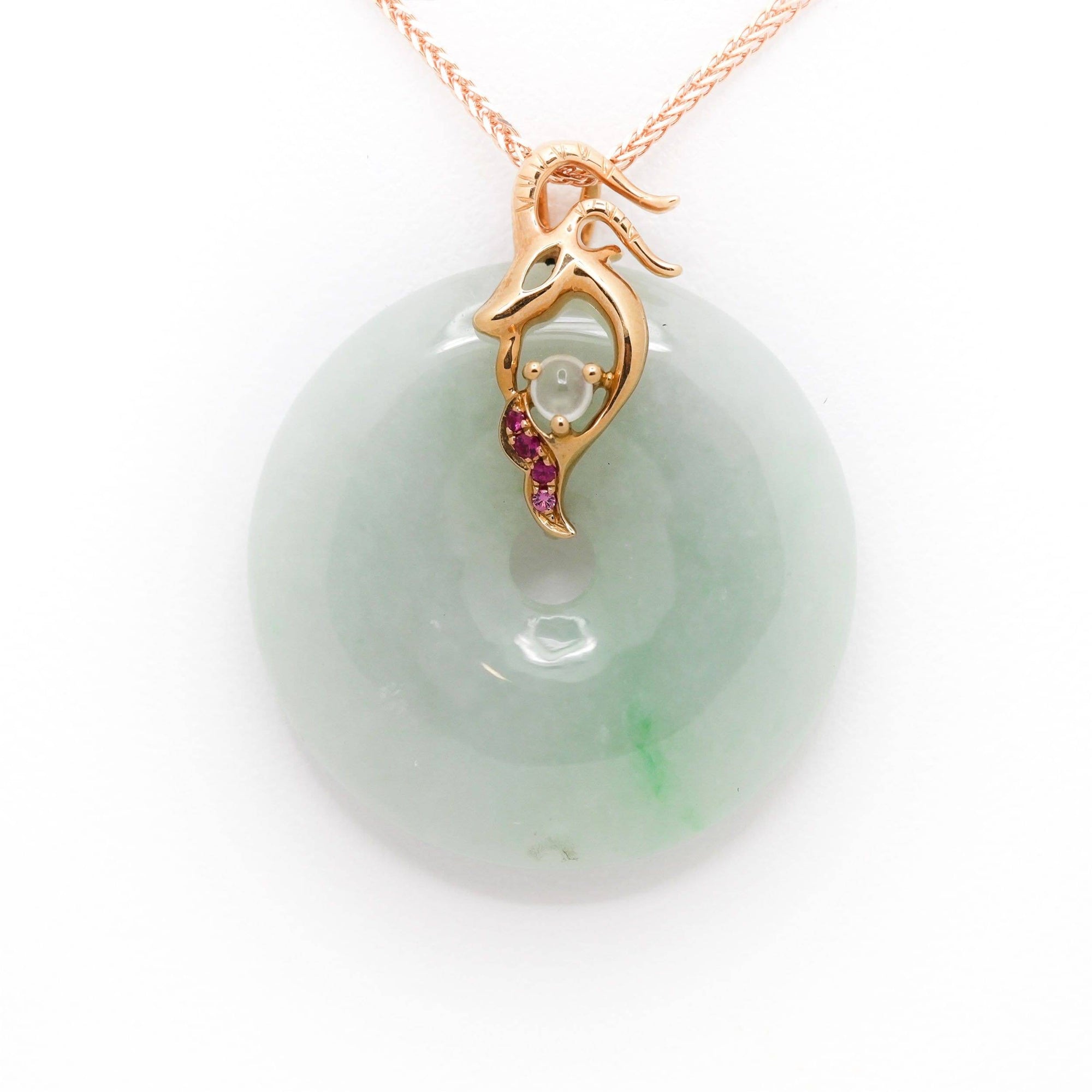 Baikalla Jewelry Gold Jadeite Pendant 18k Rose Gold Genuine Jadeite Horoscope Constellation (Capricorn) Necklace Pendant with Ruby