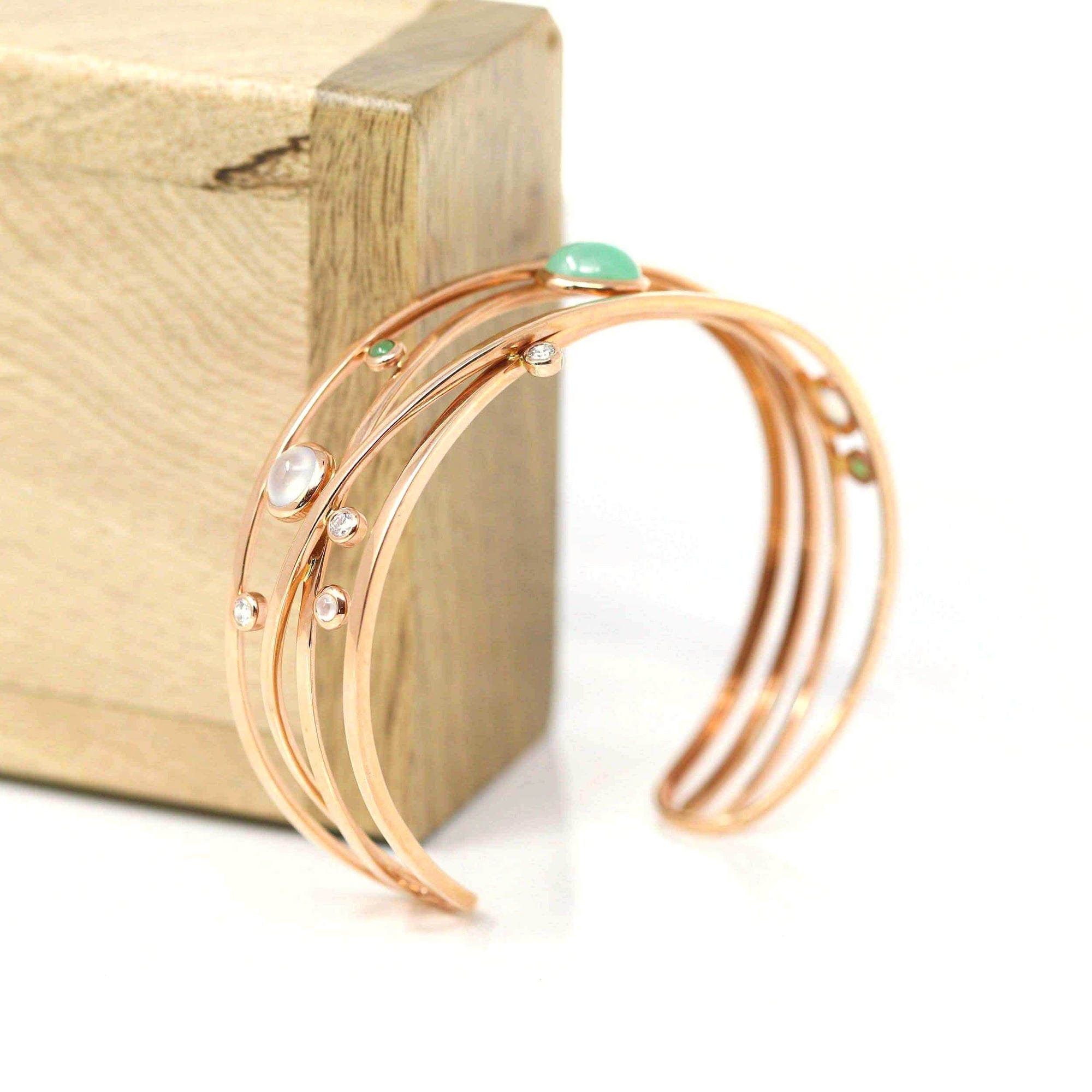 Baikalla Jewelry Gold Jade Bracelet 18k Rose Gold Oval Bracelet Bangle with Jade & Diamonds