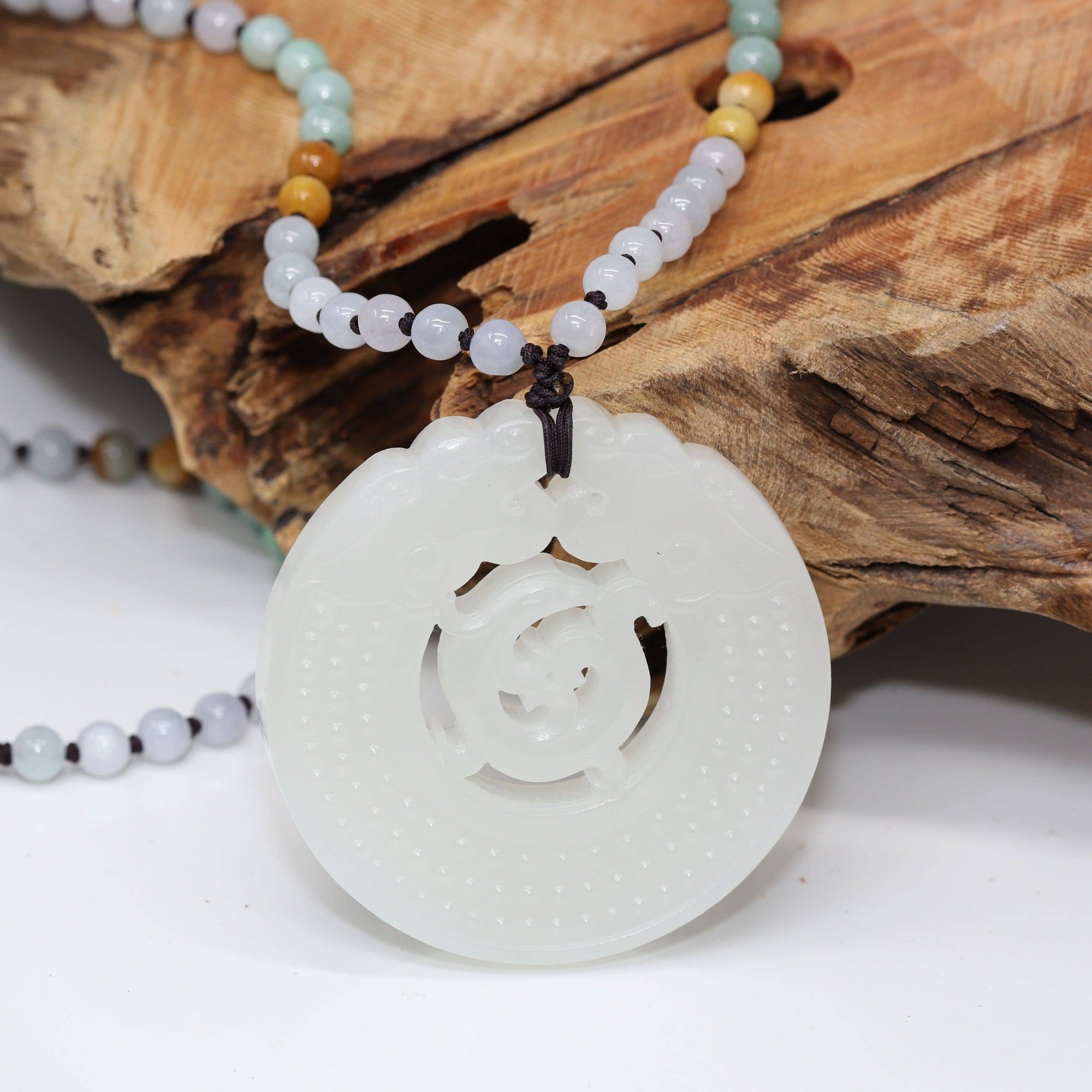 Baikalla Jewelry Nephrite Jade Necklace Genuine HeTian White Nephrite Jade Double Dragon Pendant Necklace ( Carved Art & Top Quality )