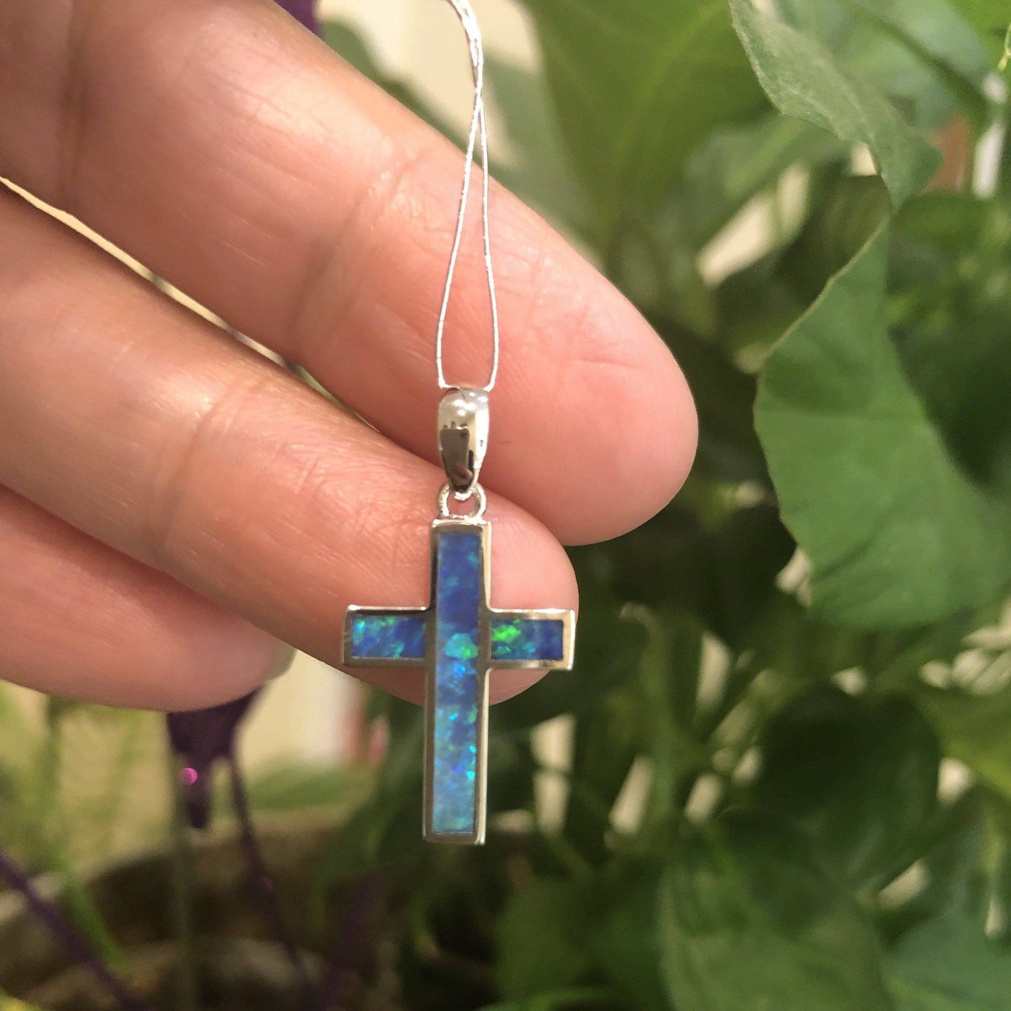 Baikalla Jewelry Gemstone Pendant Necklace Blue Opal Baikalla™ Sterling Silver Freeform Australian Blue Natural Opal Bezel Set Cross Necklace