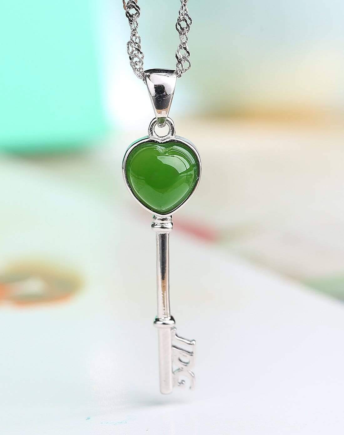 Baikalla Jewelry Nephrite Jade Necklace Baikalla™ &quot;The Key to My Heart&quot; Sterling Silver Genuine Nephrite Green Jade Key Pendant Necklace