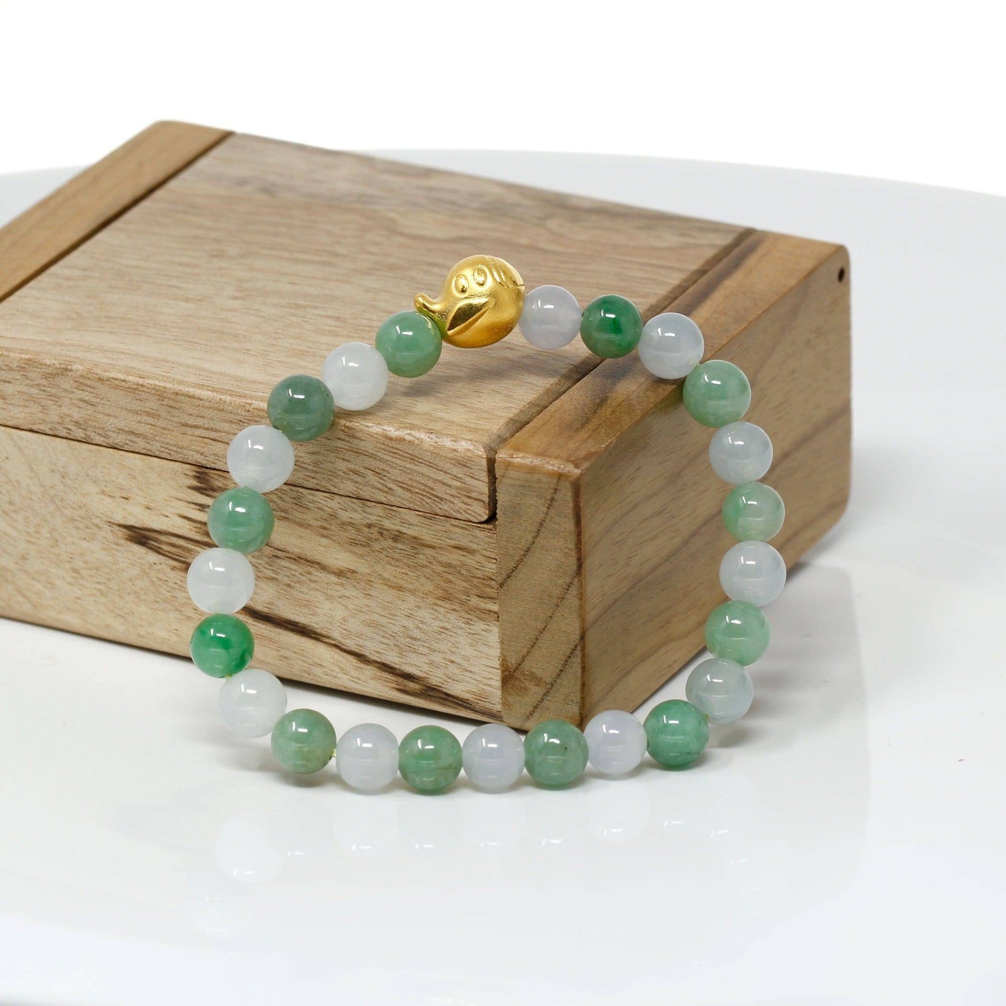 Baikalla Jewelry 24k Gold Jadeite Beads Bracelet XS 6 Inches Genuine High-quality Jade Jadeite Bracelet Bangle with 24k Yellow Gold Duck Charm 