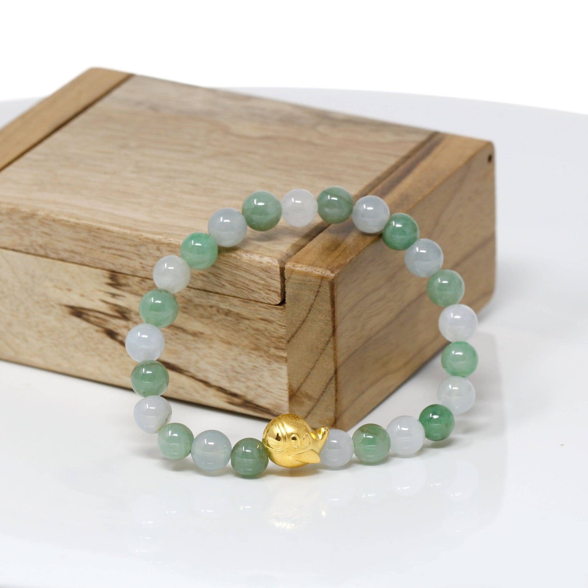 Baikalla Jewelry 24k Gold Jadeite Beads Bracelet Genuine High-quality Jade Jadeite Bracelet Bangle with 24k Yellow Gold Duck Charm 