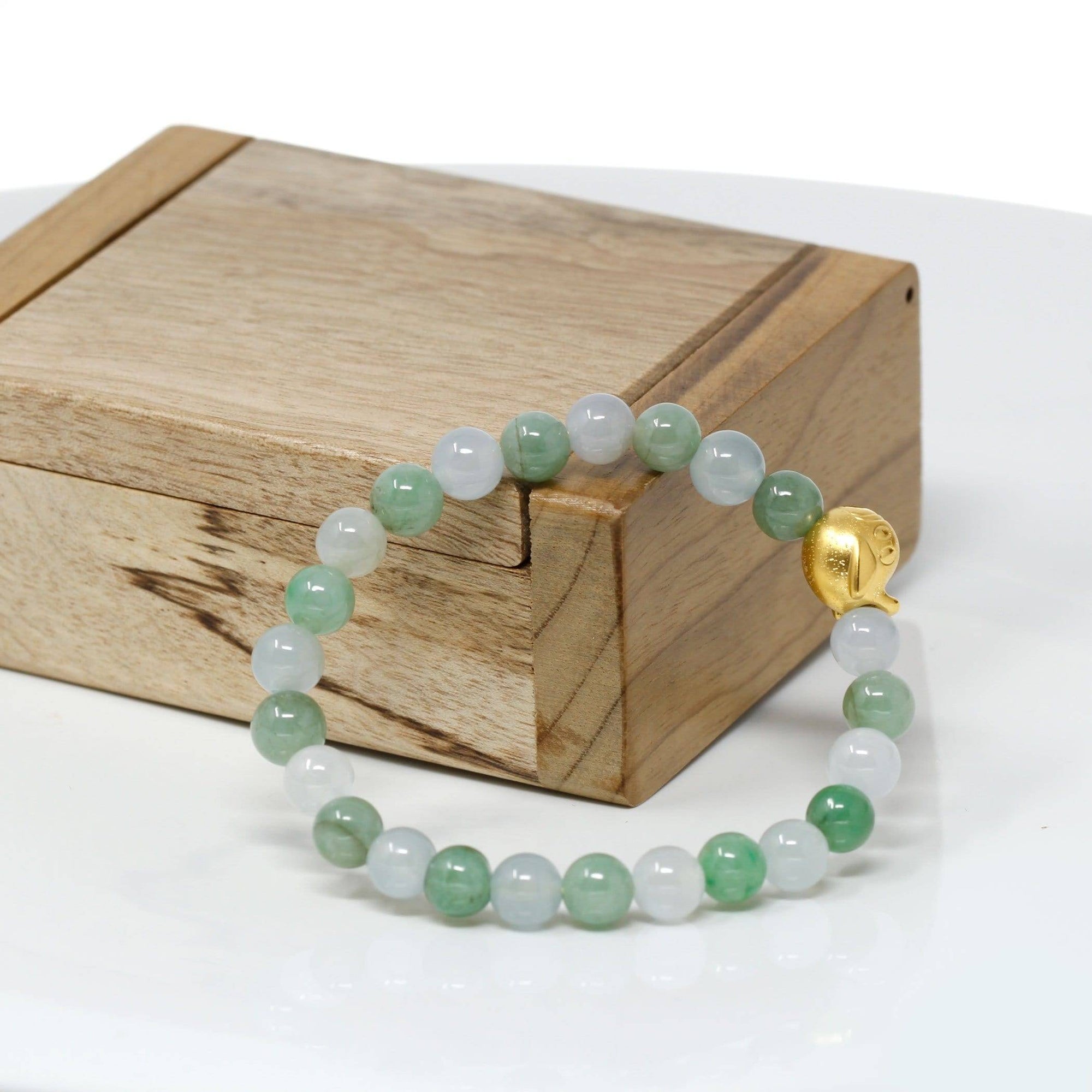 Baikalla Jewelry 24k Gold Jadeite Beads Bracelet Genuine High-quality Jade Jadeite Bracelet Bangle with 24k Yellow Gold Duck Charm #408